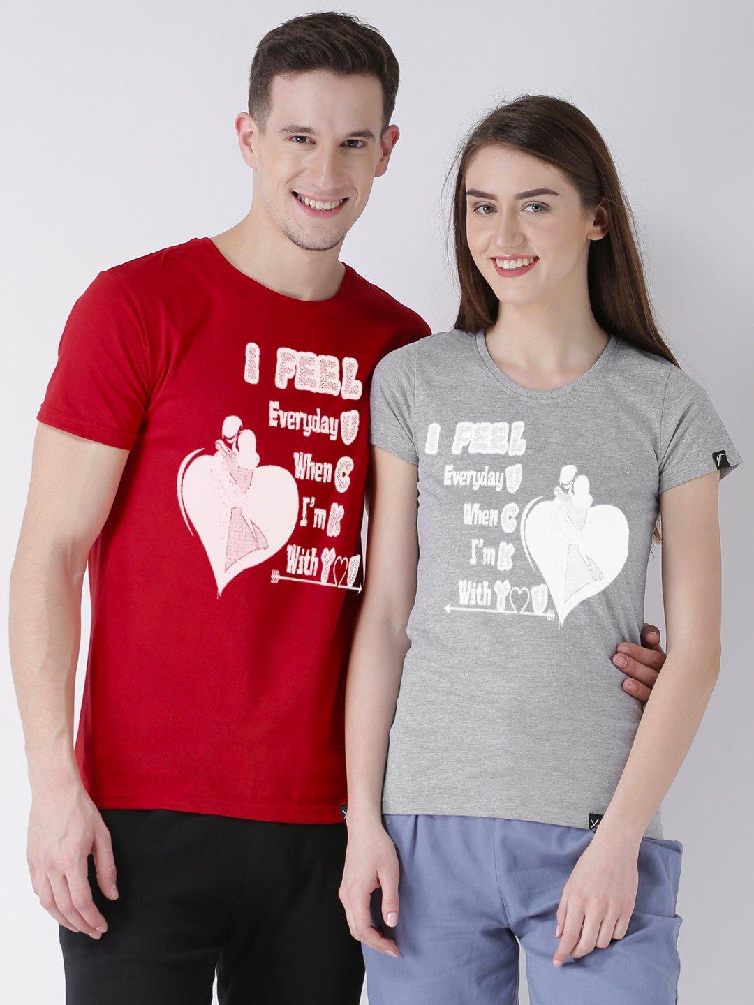 Lucky Printed Half Sleeve Red(Men) Grey(Women) Color Printed Couple Tshirts - Young Trendz