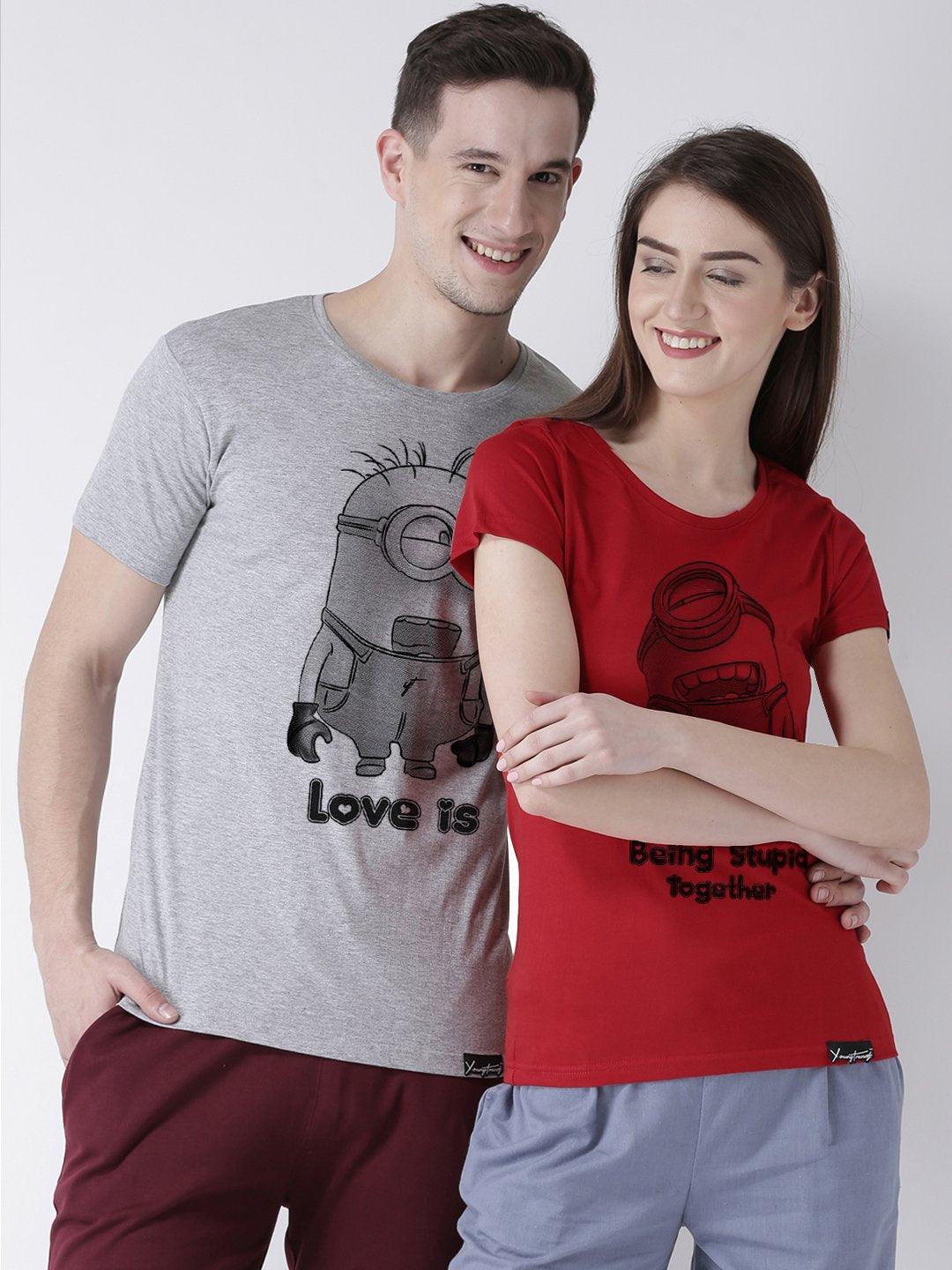 Minions Printed Grey(Men) Red(Women) Color Printed Couple Tshirts - Young Trendz