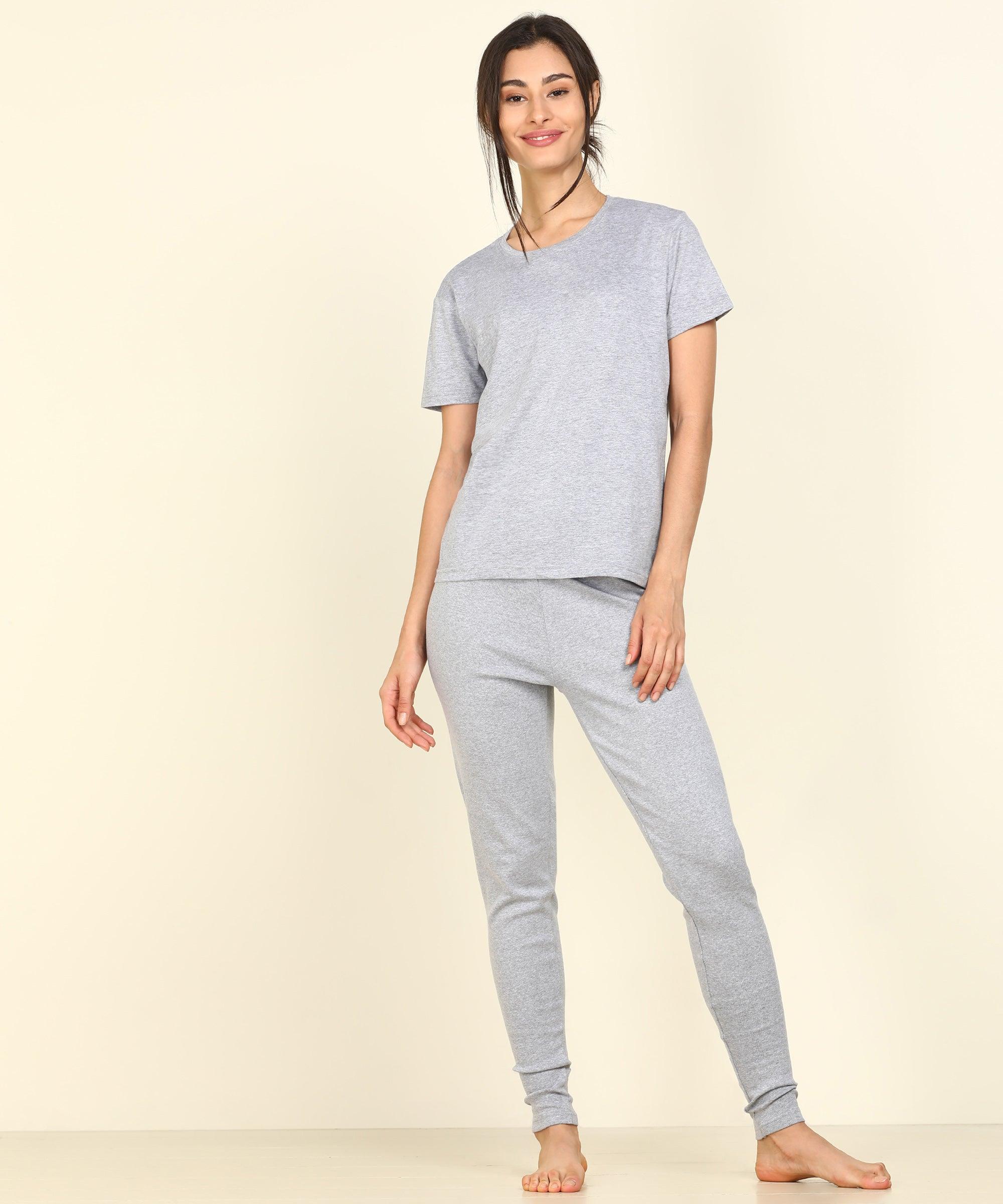 Womens Lounge Wear Regular Fit T-Shirt And Solid Tights Set - Young Trendz