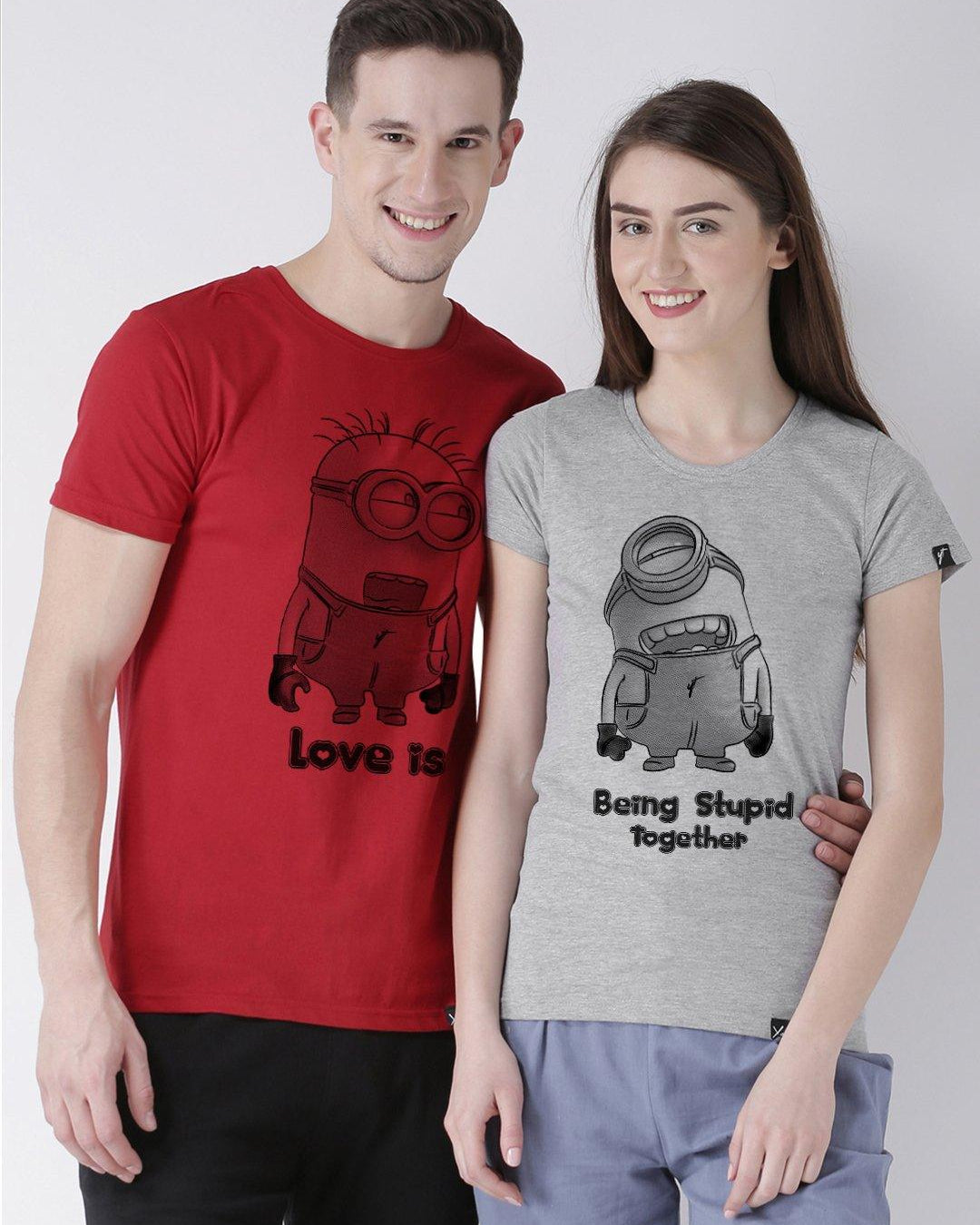 Minions Printed Red(Men) Grey(Women) Color Printed Couple Tshirts - Young Trendz