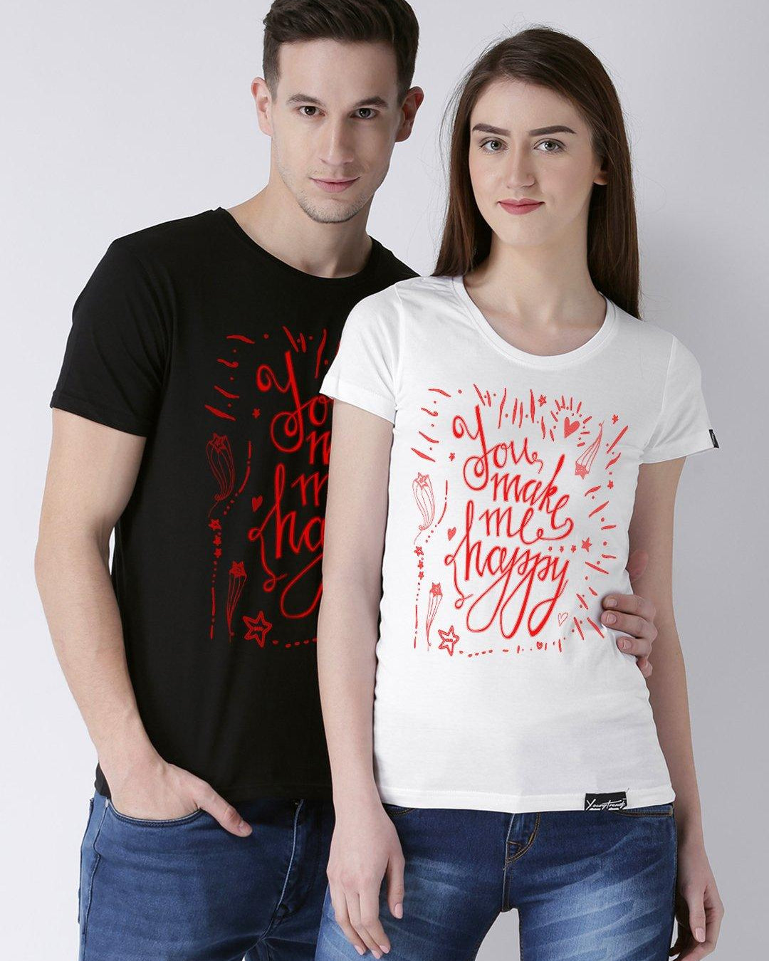 DUO-Happy Printed Half Sleeve Black(Men) White(Women) Color Printed Tshirts - Young Trendz