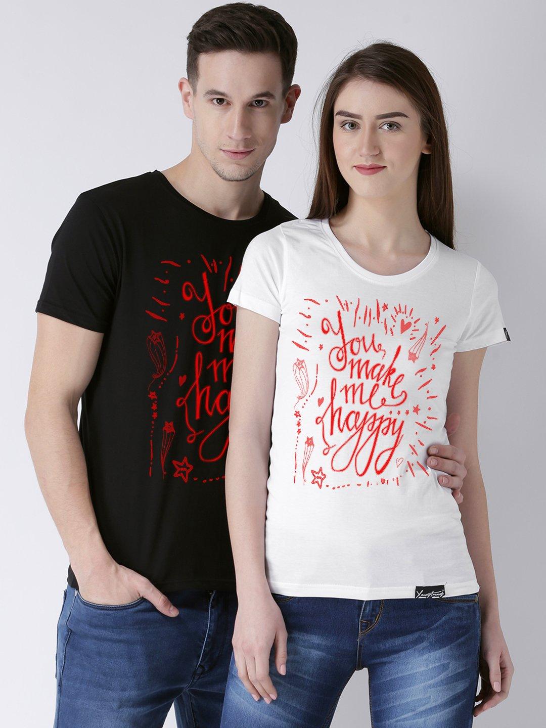 DUO-Happy Printed Half Sleeve Black(Men) White(Women) Color Printed Tshirts - Young Trendz