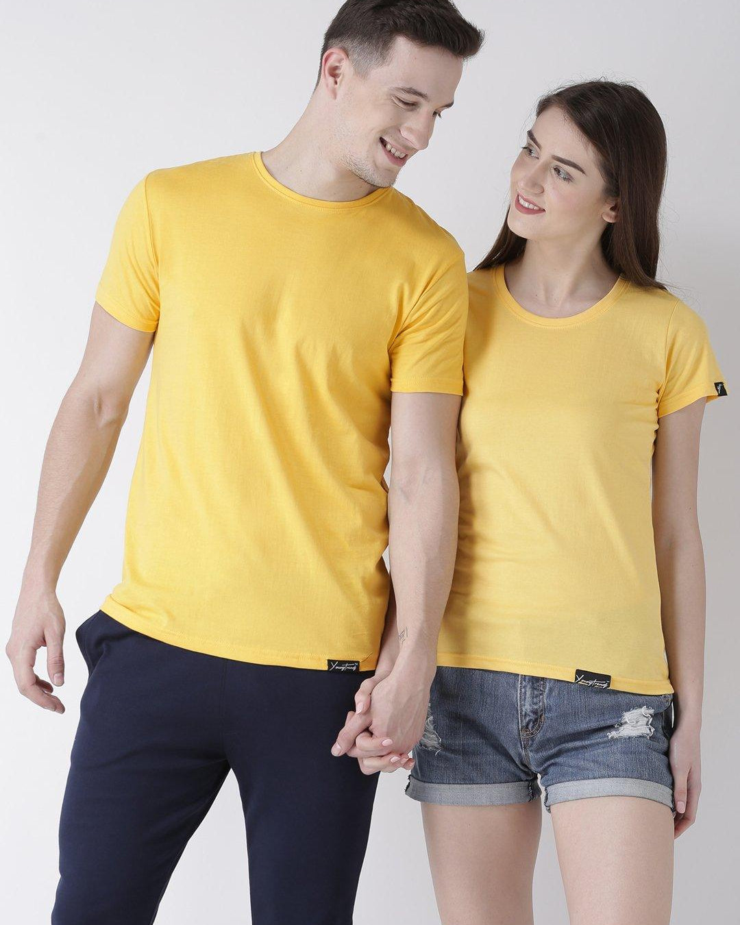 DUO-Half Sleeve Yellow Color Plain Couple Tshirts - Young Trendz
