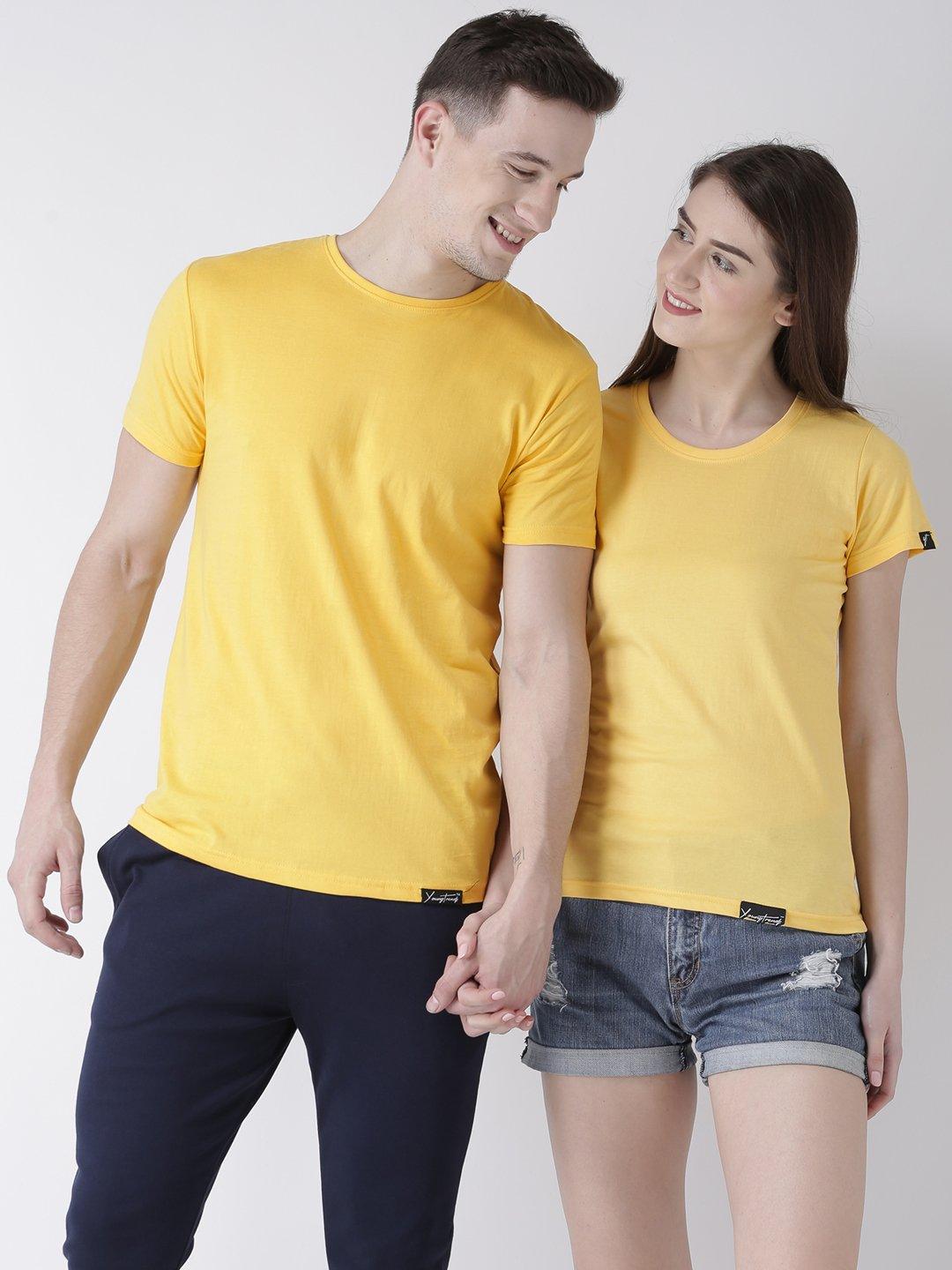 DUO-Half Sleeve Yellow Color Plain Couple Tshirts - Young Trendz