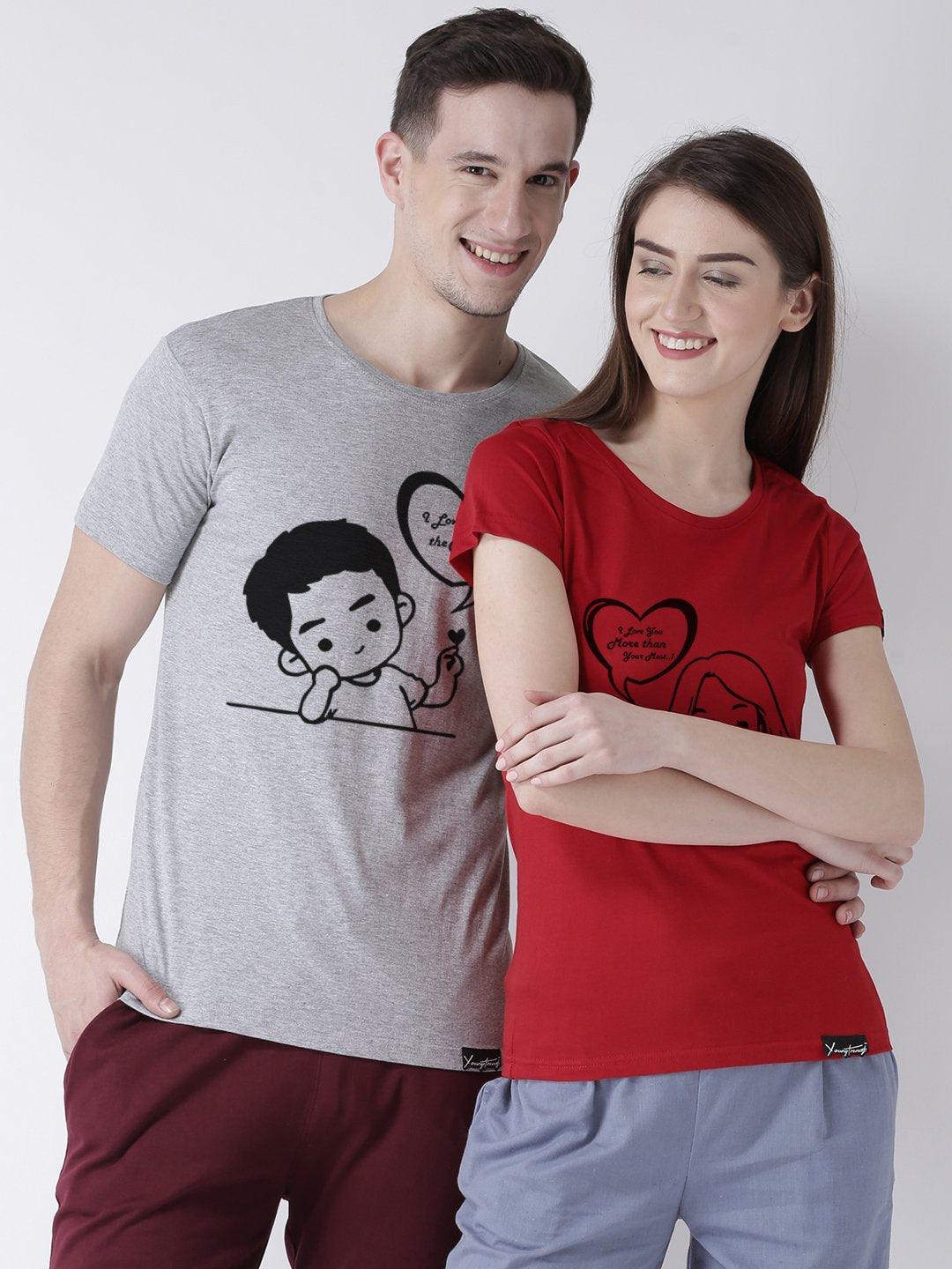 Love you Printed Grey(Men) Red(Women) Color Printed Couple Tshirts - Young Trendz