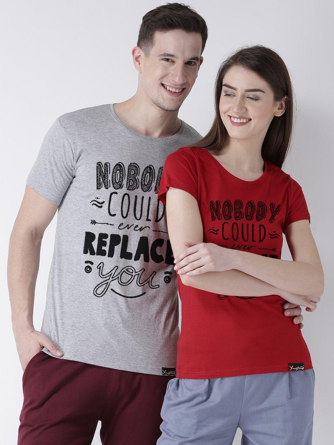 Nobody Printed Grey(Men) Red(Women) Color Printed Couple Tshirts - Young Trendz