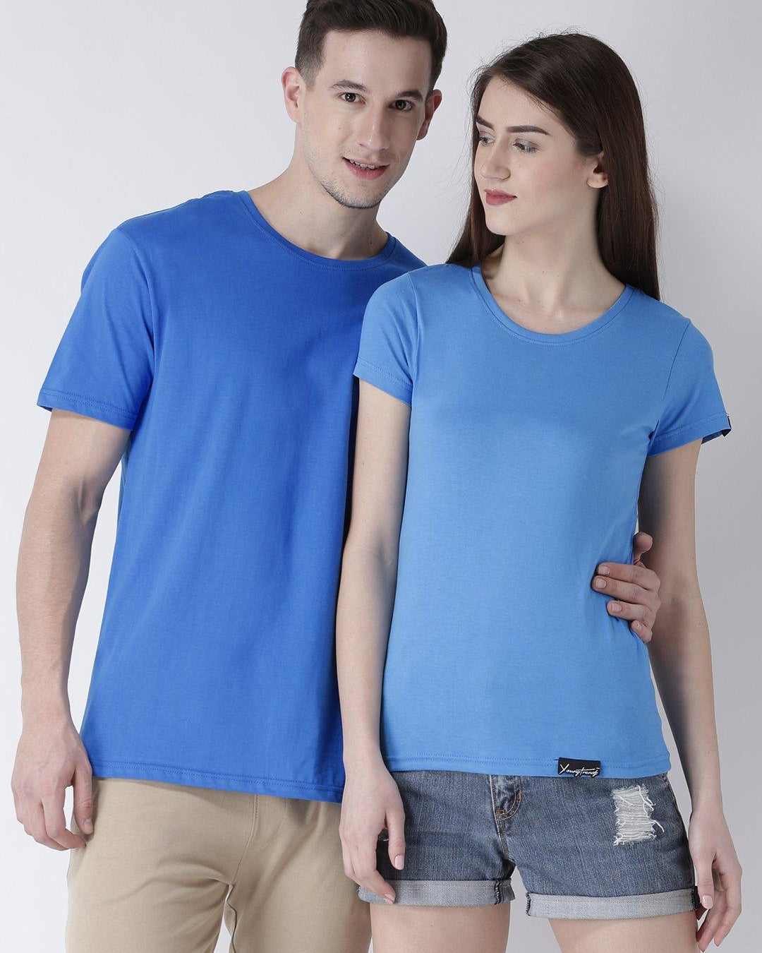 DUO-Half Sleeve Skyblue Color Plain Couple Tshirts - Young Trendz