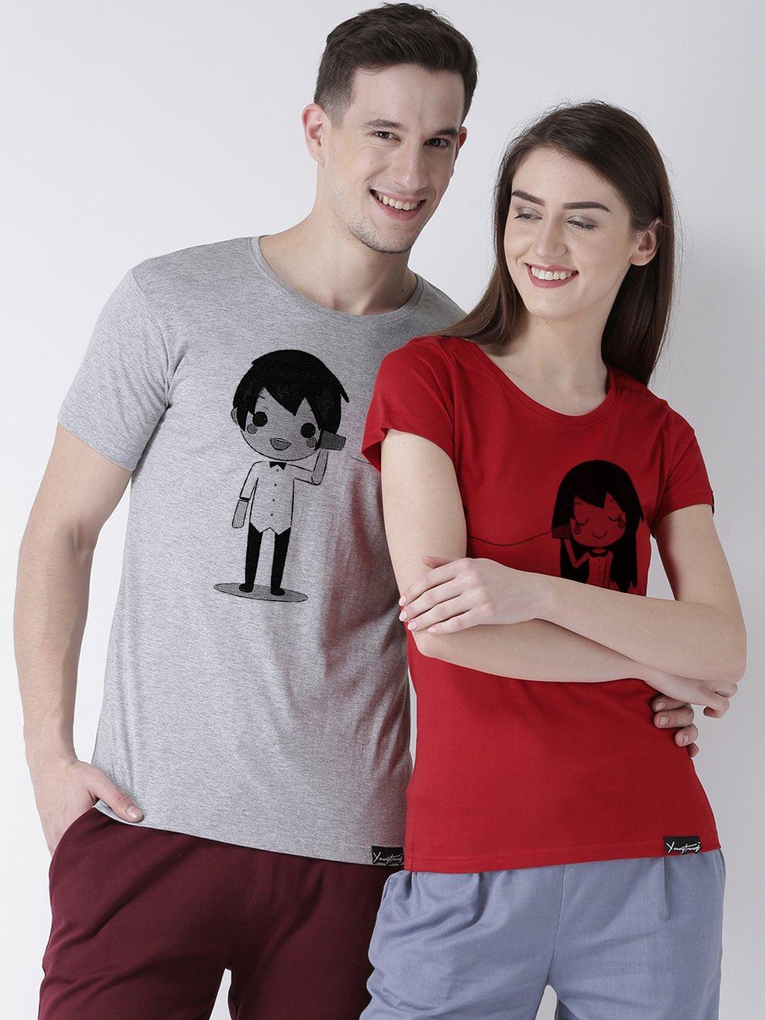 Phone Printed Grey(Men) Red(Women) Color Printed Couple Tshirts - Young Trendz