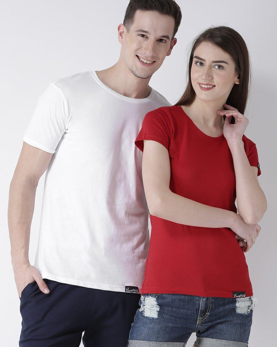 DUO-Half Sleeve White(Men) Red(Women) Color Plain Couple Tshirts - Young Trendz