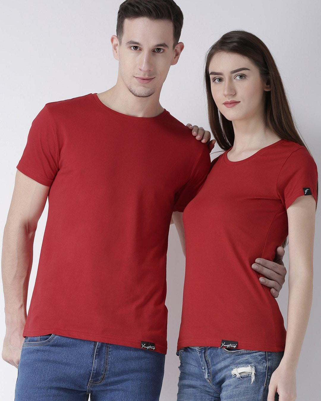 DUO-Half Sleeve Red Color Plain Couple Tshirts - Young Trendz