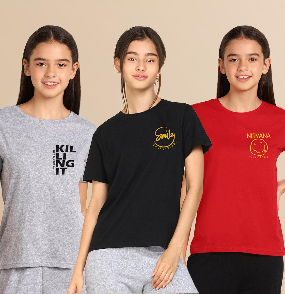 Young Trendz Girls Regular Fit Combo Printed Tshirt (Pack of 3) - Young Trendz