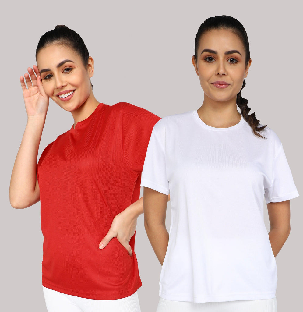 Womens Dry-Fit Sports Combo T.shirt (Red & White) - Young Trendz