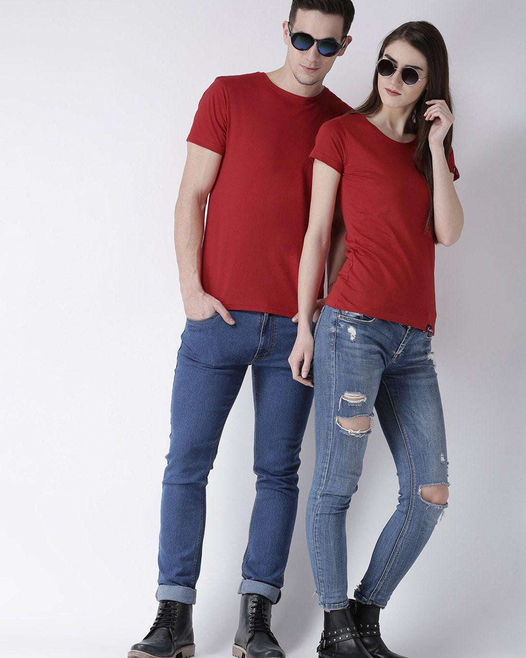 DUO-Half Sleeve Red Color Plain Couple Tshirts - Young Trendz