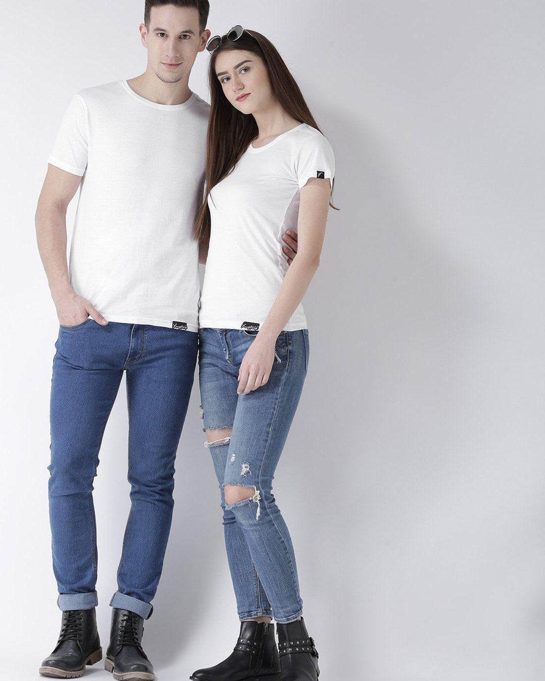 DUO-Half Sleeve White Color Plain Couple Tshirts - Young Trendz
