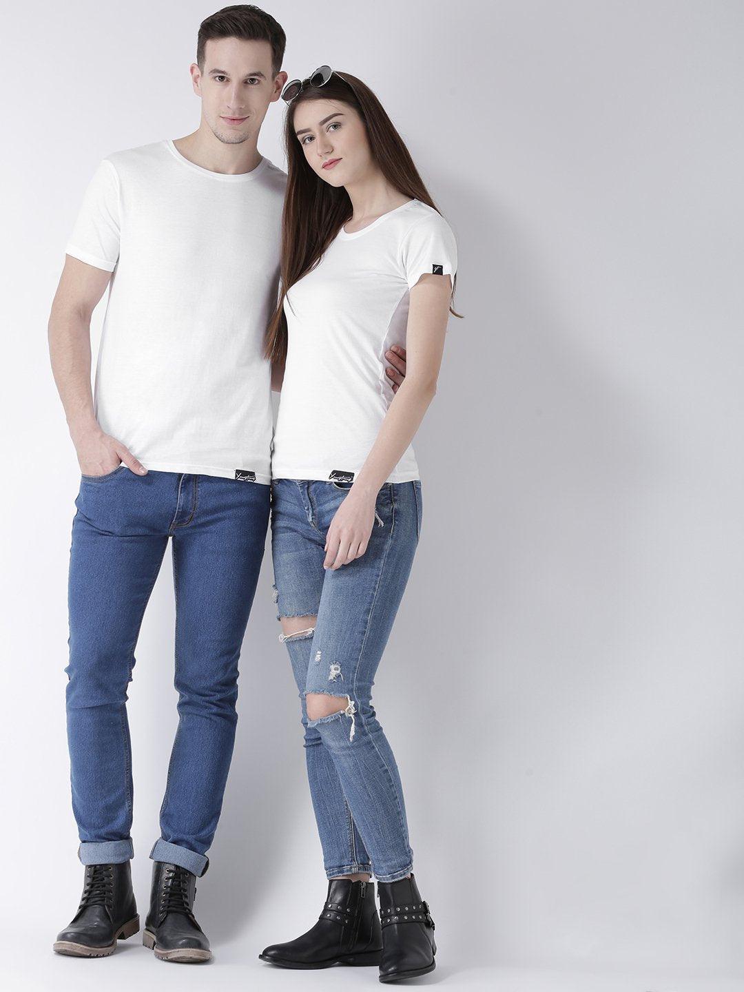 DUO-Half Sleeve White Color Plain Couple Tshirts - Young Trendz