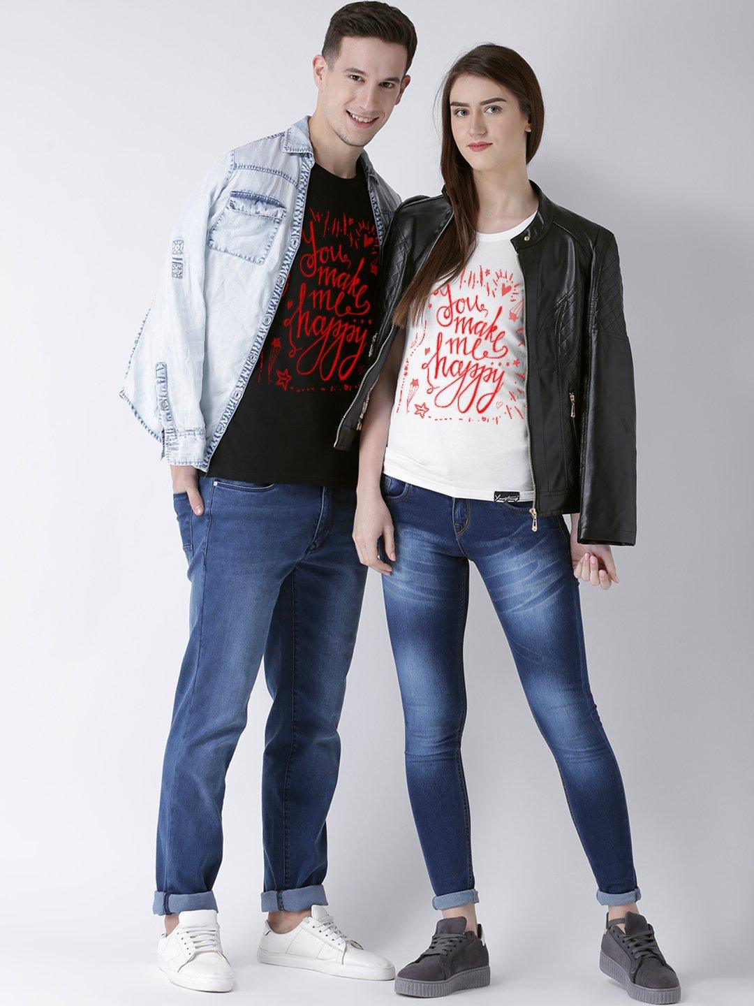 DUO-Happy Printed Half Sleeve Black(Men) White(Women) Color Printed Tshirts - Young Trendz