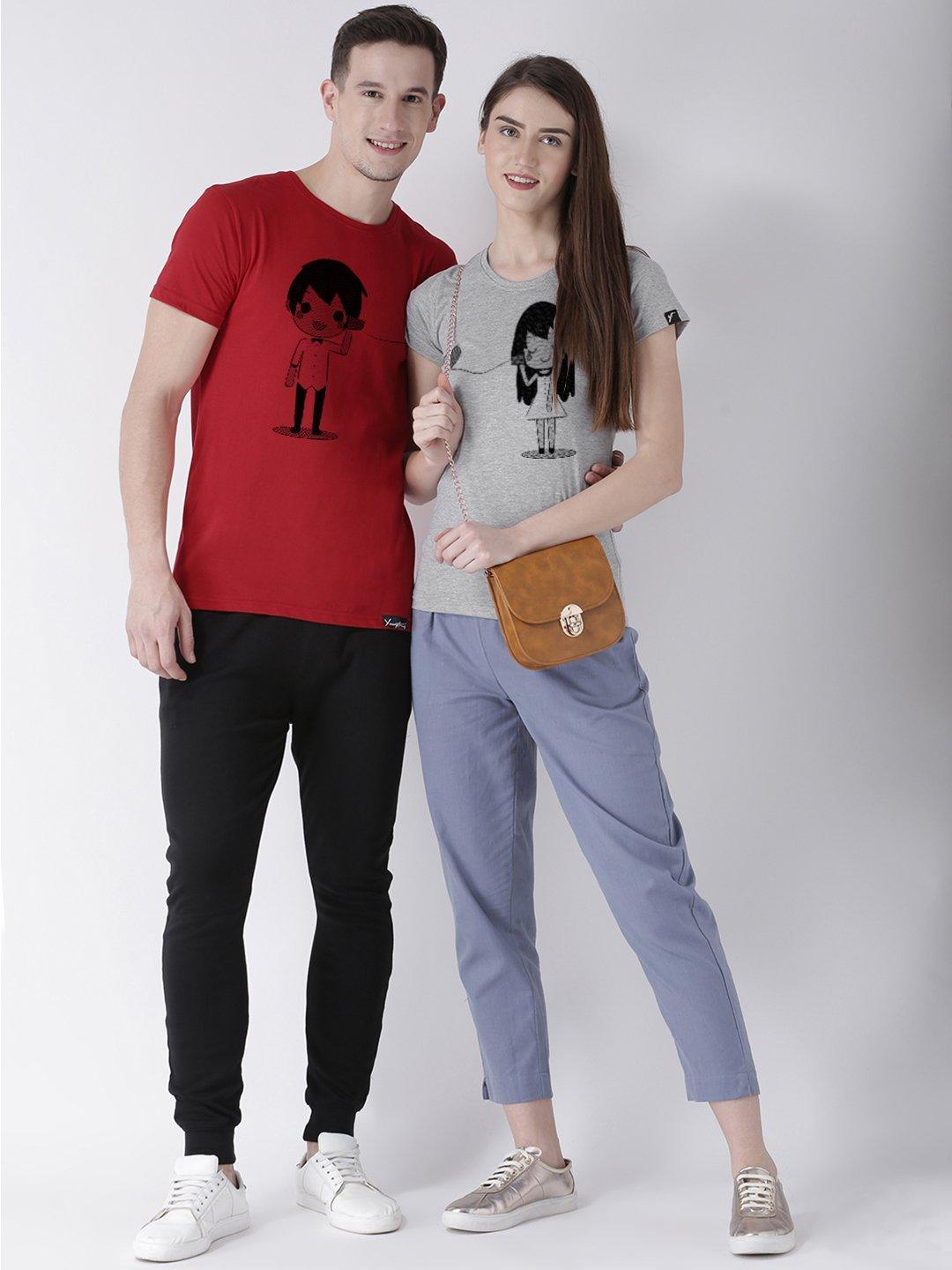 Phone Printed Red(Men) Grey(Women) Color Printed Couple Tshirts - Young Trendz