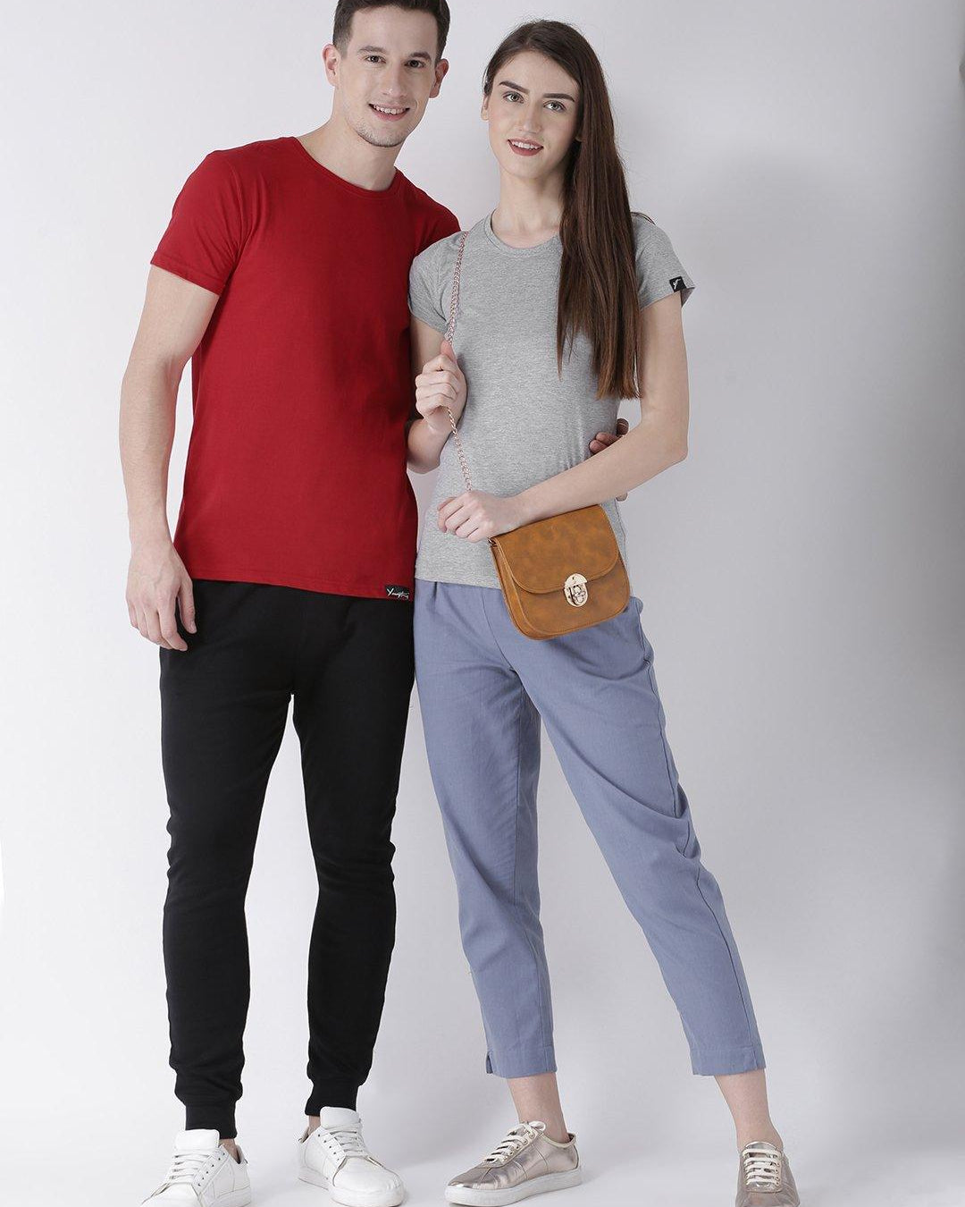DUO-Half Sleeve Red(Men) Grey(Women) Color Plain Couple Tshirts - Young Trendz