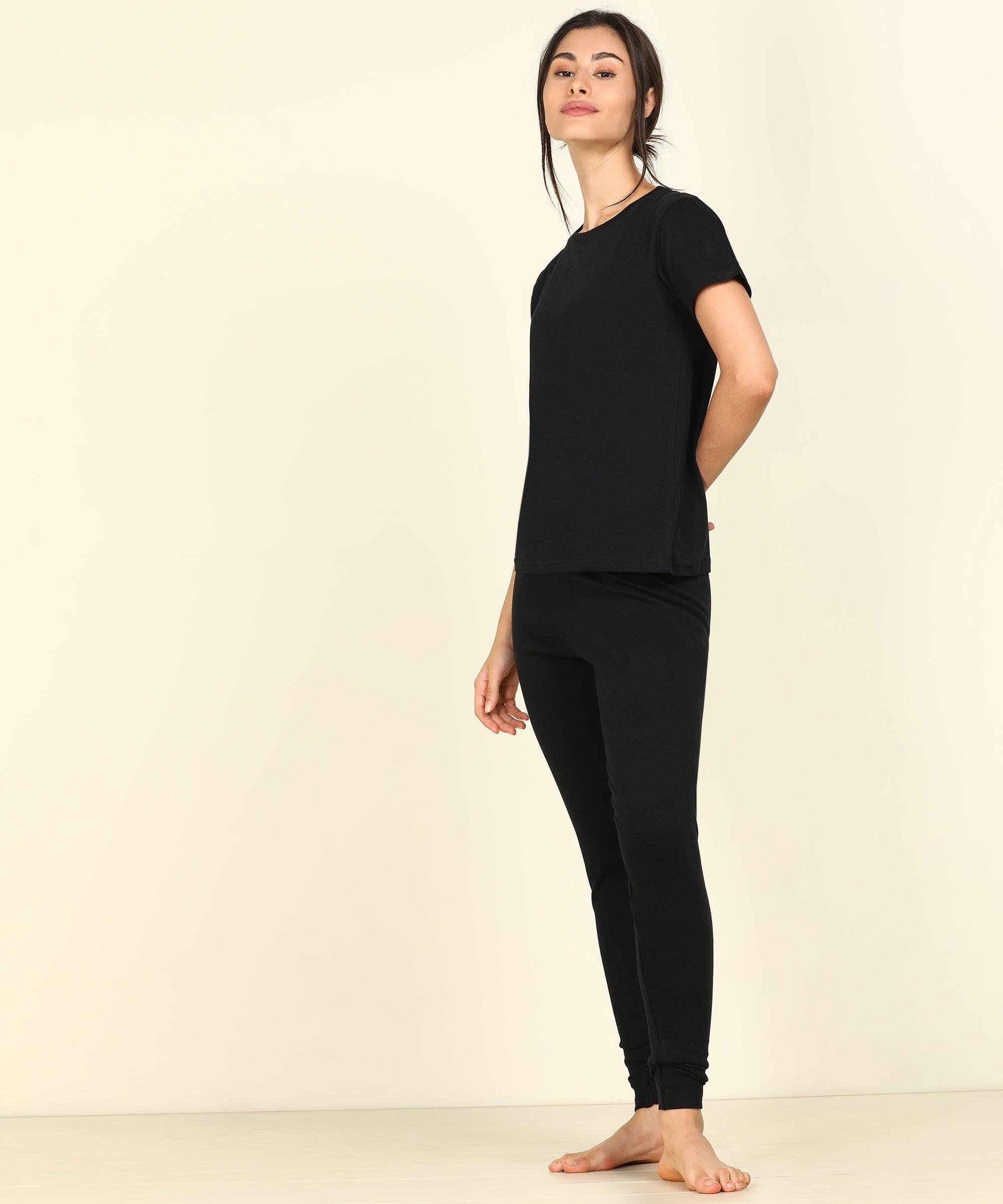 Womens Lounge Wear Regular Fit T-Shirt And Solid Tights Set - Young Trendz
