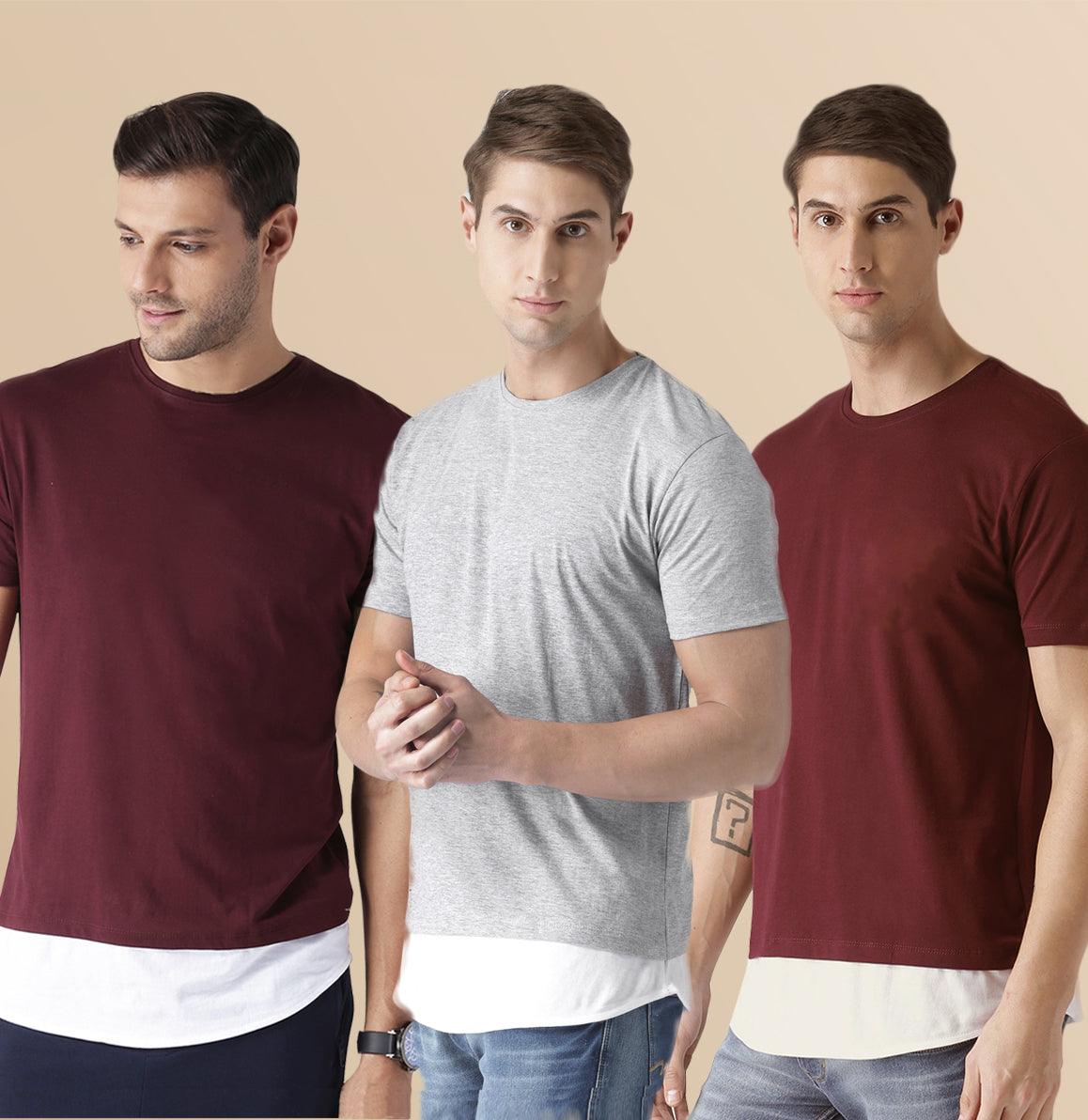 Mens Halfsleeve Layer Round hem Combo Solid Tshirts - Young Trendz