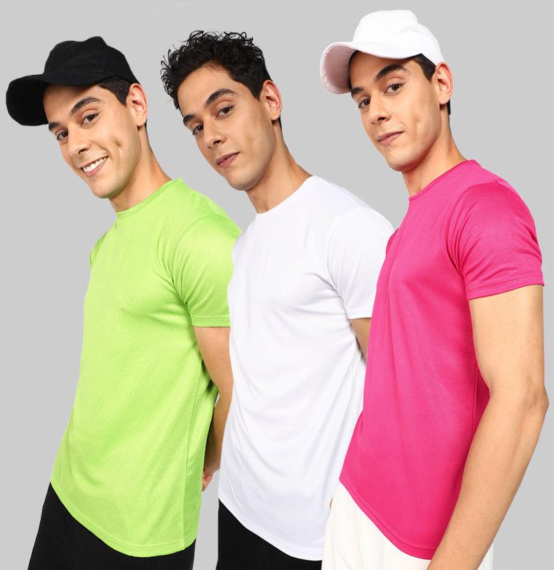 Mens Dry-Fit Sports Combo T.shirt (Green,White,Pink) - Young Trendz