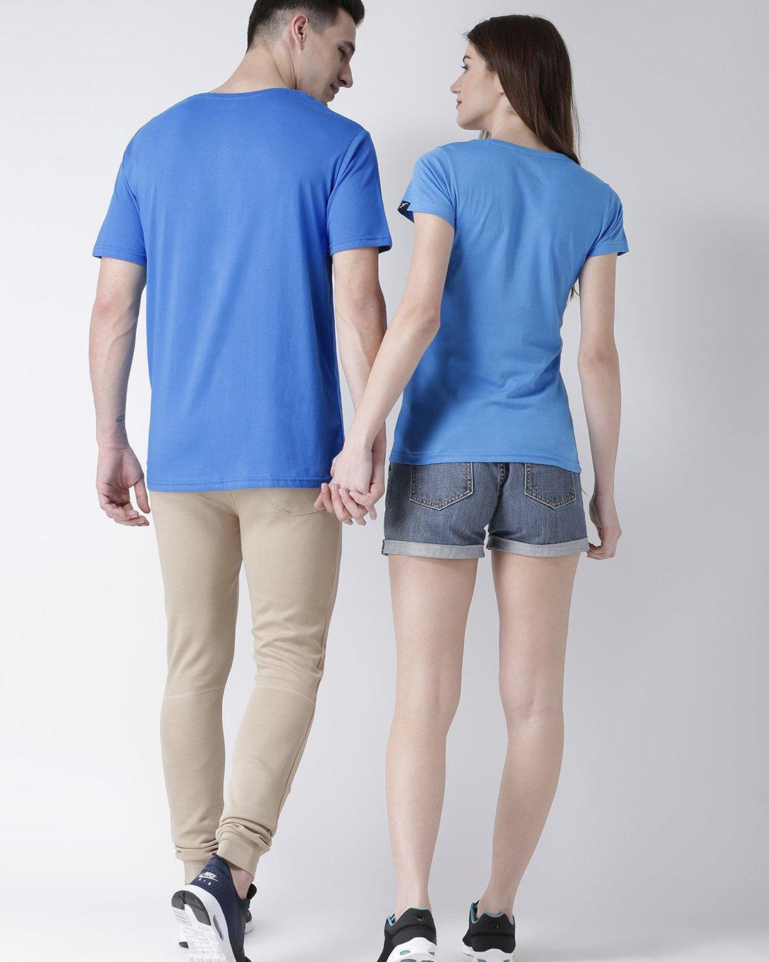 DUO-Half Sleeve Skyblue Color Plain Couple Tshirts - Young Trendz