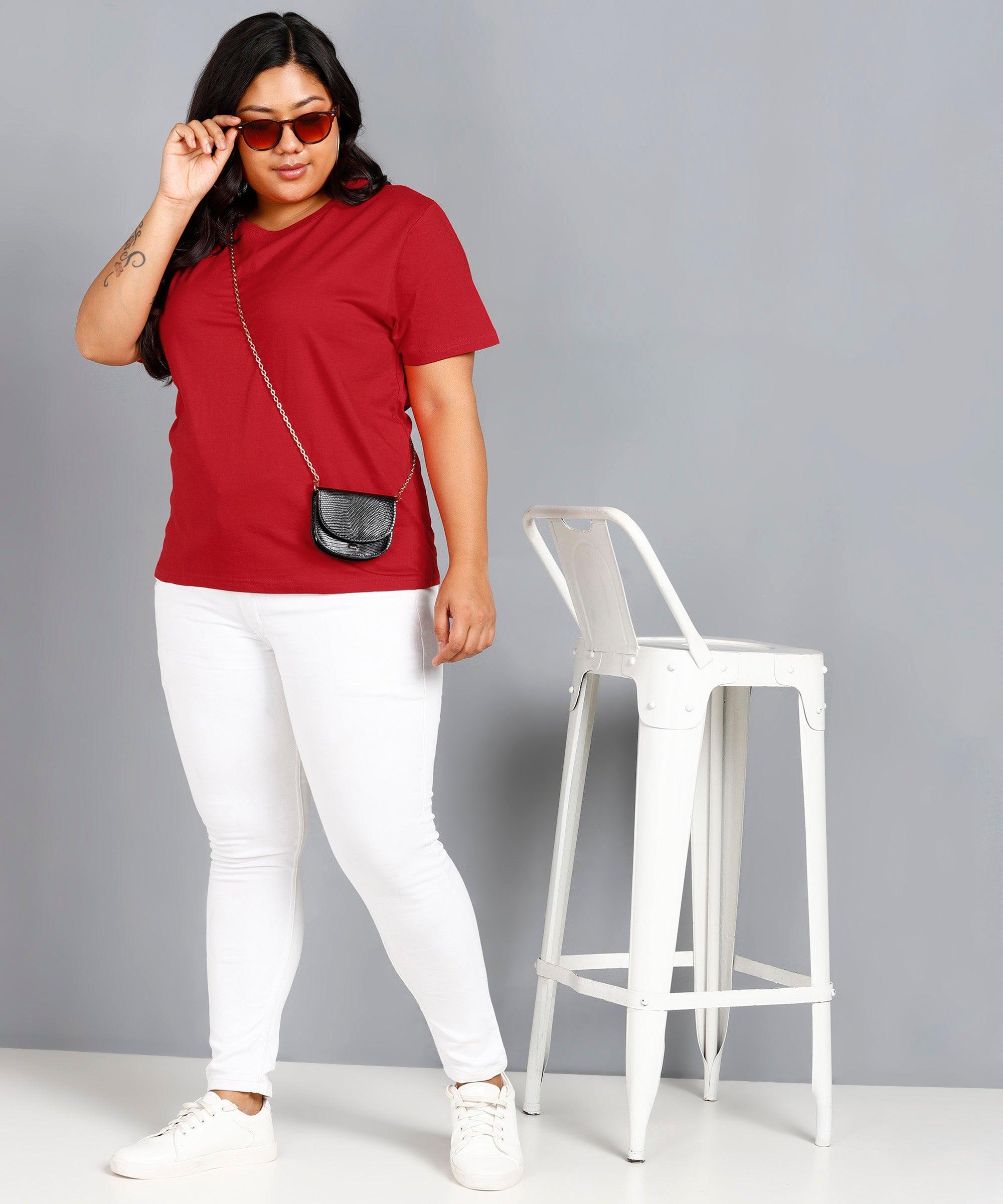 Womens Plus Size Solid Round Neck T.shirt (Red) - Young Trendz