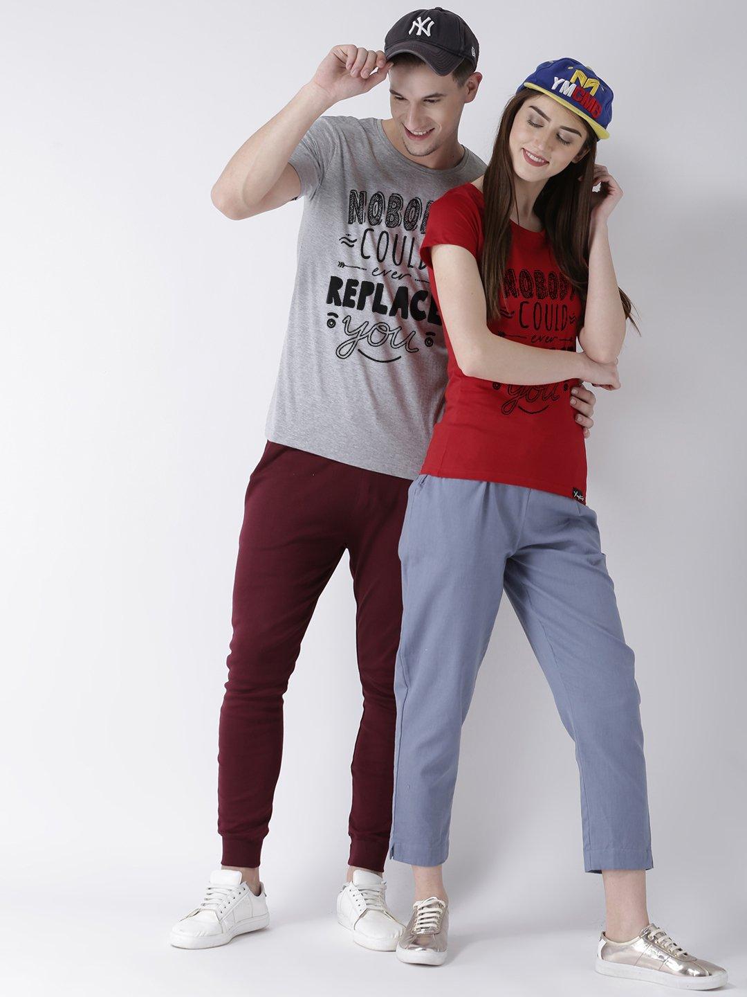 Nobody Printed Grey(Men) Red(Women) Color Printed Couple Tshirts - Young Trendz