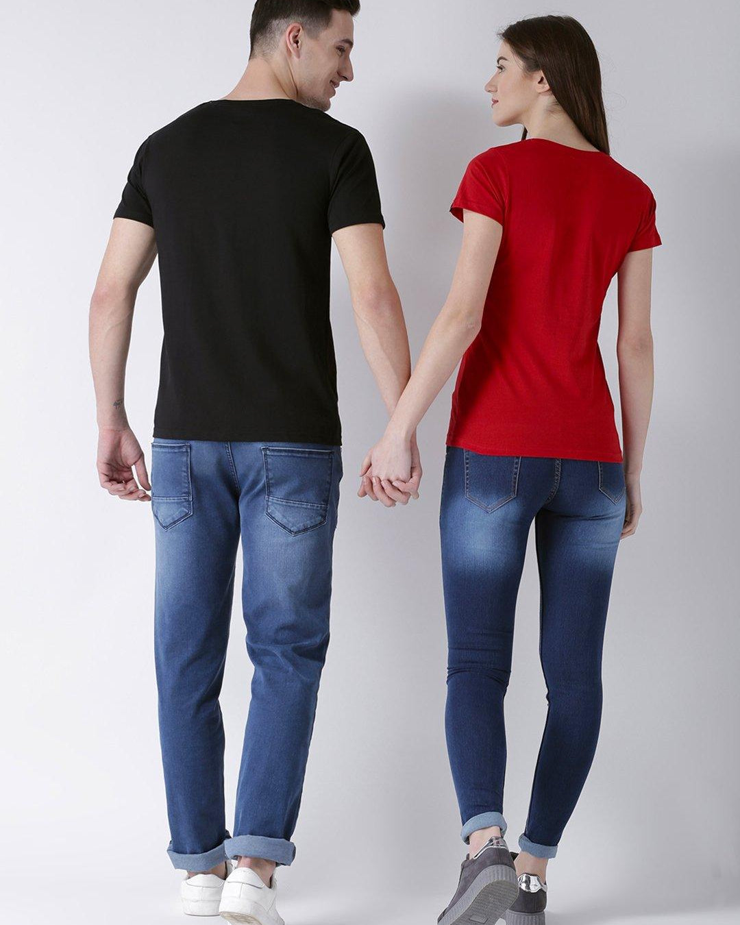 DUO-Lucky Printed Half Sleeve Black(Men) red(Women) Color Couple Tshirts - Young Trendz