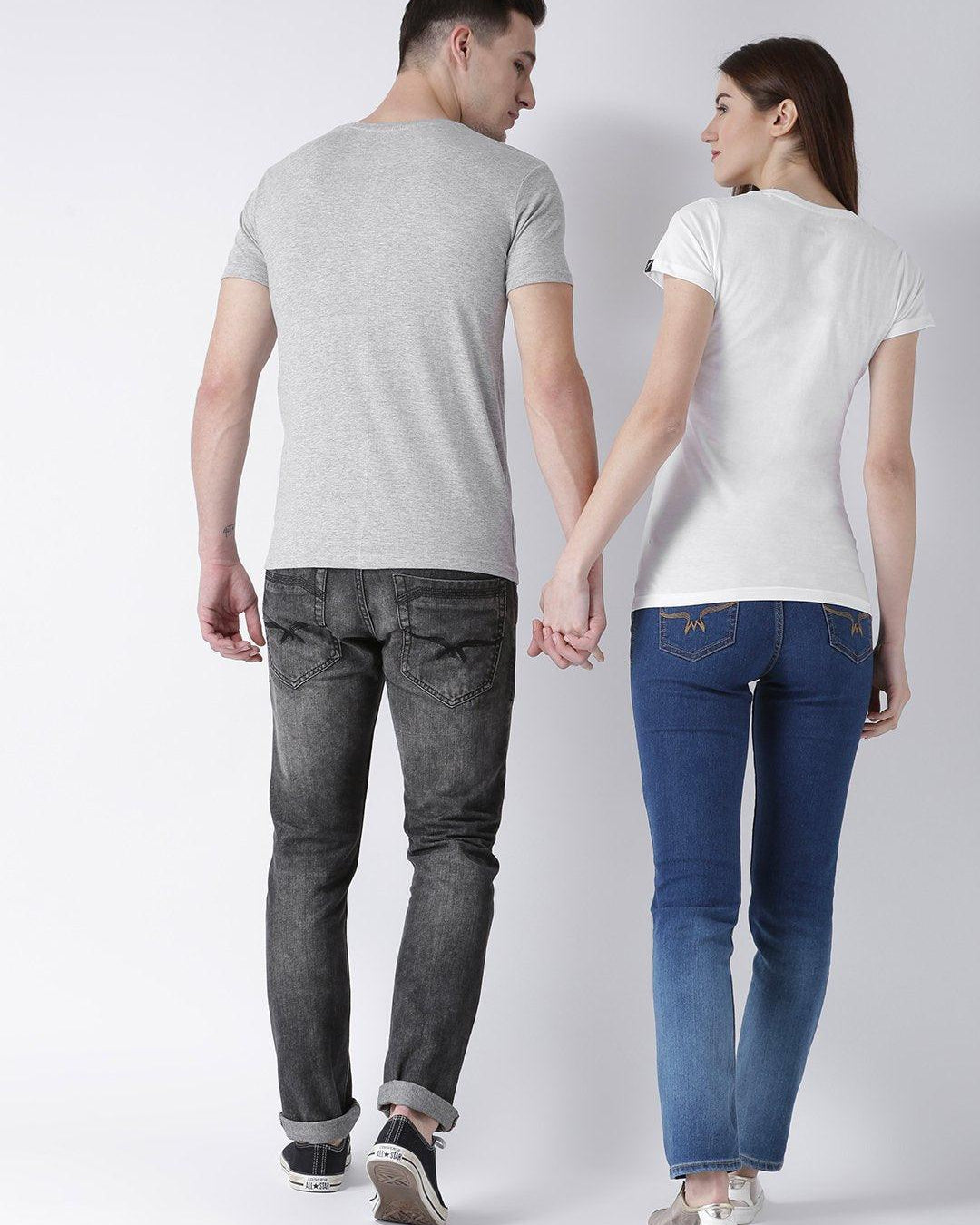 DUO-Happy Printed Half Sleeve Grey(Men) White(Women) Color Couple Tshirts - Young Trendz