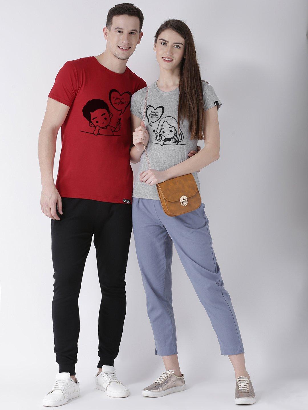 Love you Printed Red(Men) Grey(Women) Color Printed Couple Tshirts - Young Trendz