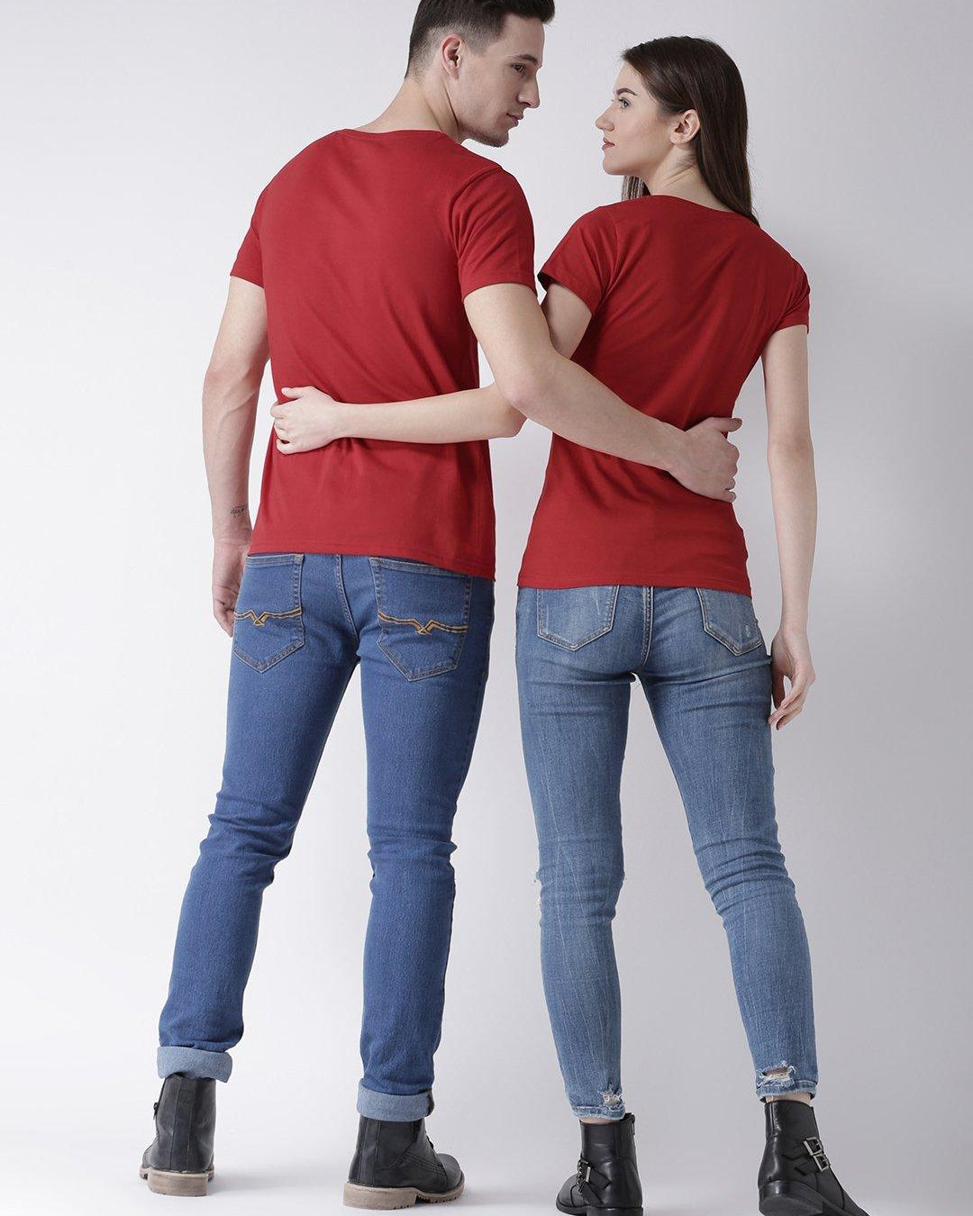 DUO-Half Sleeve Red Color Plain Couple Tshirts - Young Trendz
