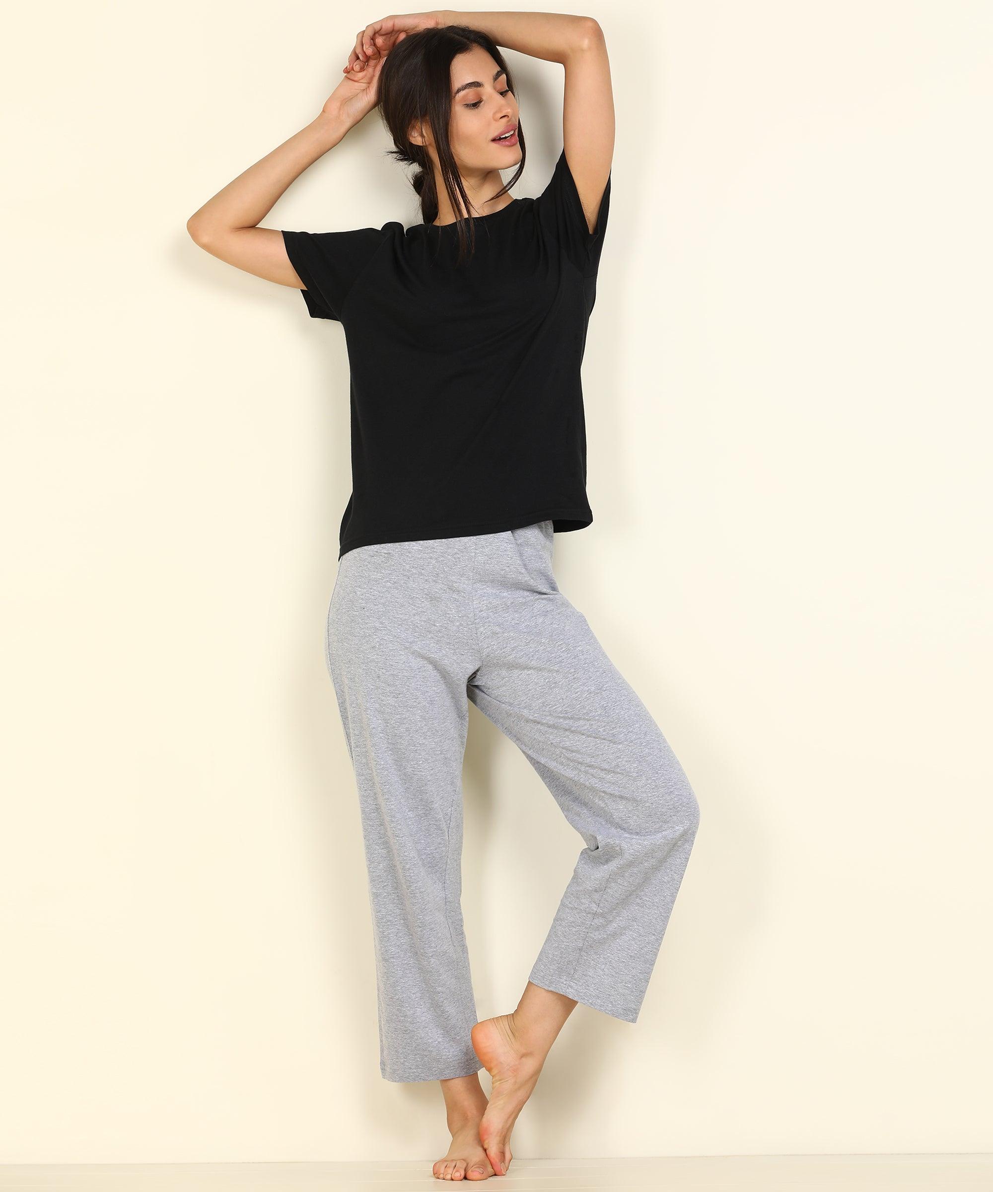 Women T-shirt & Pyjama Set Pure Soft Cotton (Black/Grey) - Young Trendz