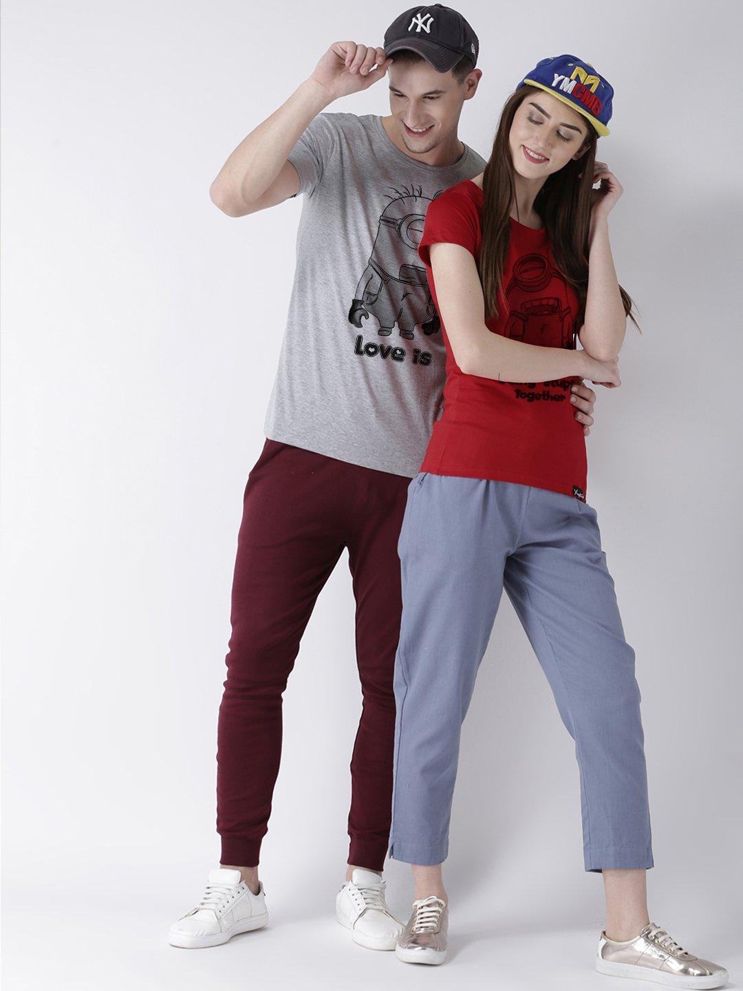 Minions Printed Grey(Men) Red(Women) Color Printed Couple Tshirts - Young Trendz