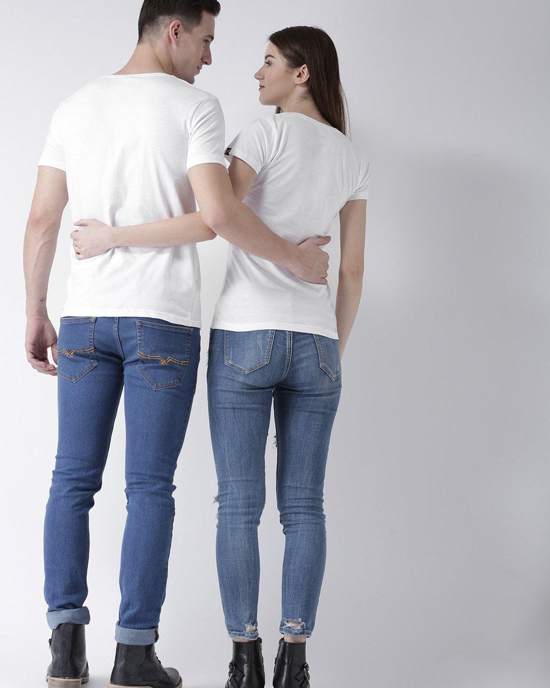 DUO-Half Sleeve White Color Plain Couple Tshirts - Young Trendz