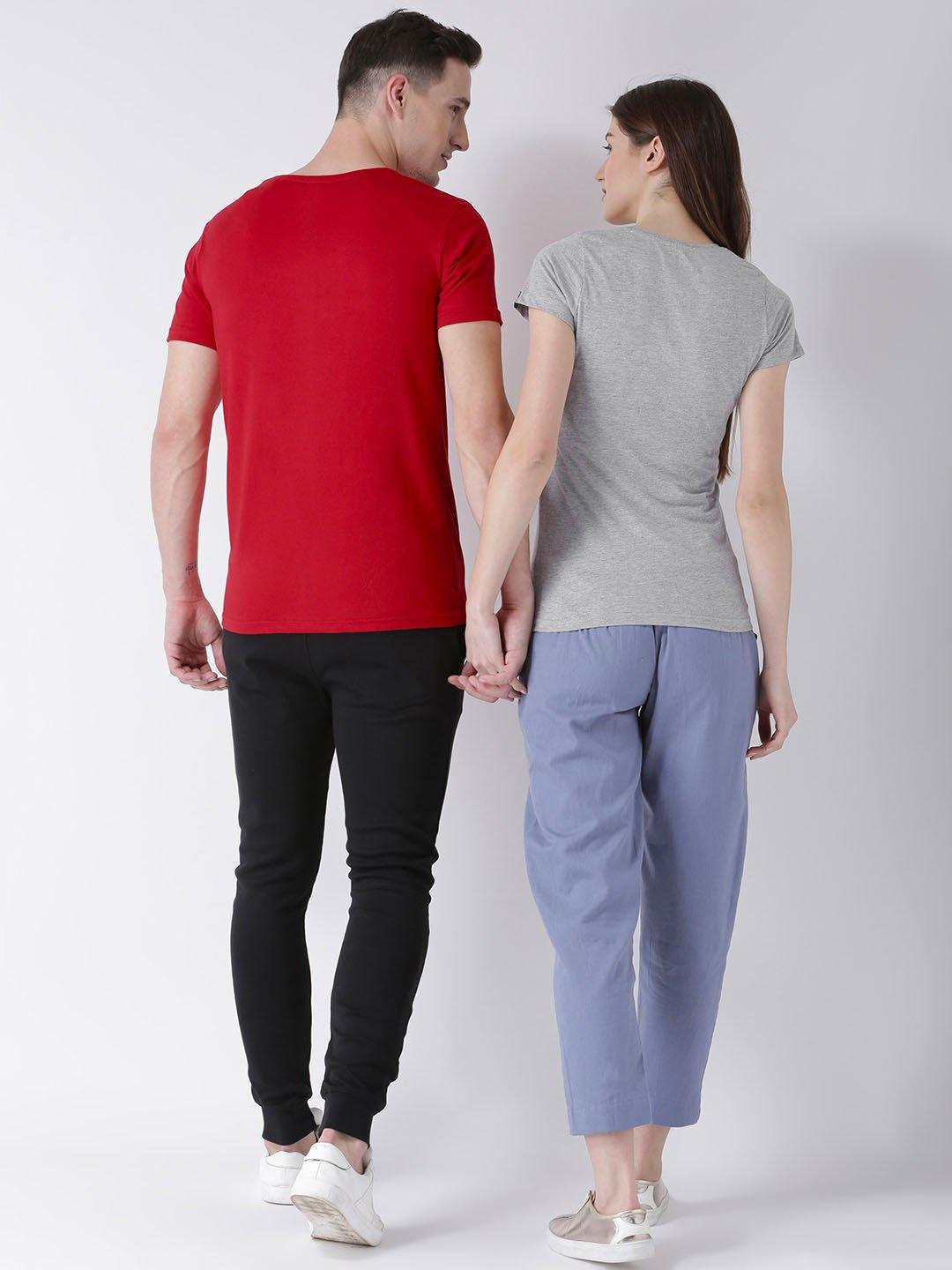 Half Sleeve Red(Men) Grey(Women) Color Printed Couple Tshirts - Young Trendz