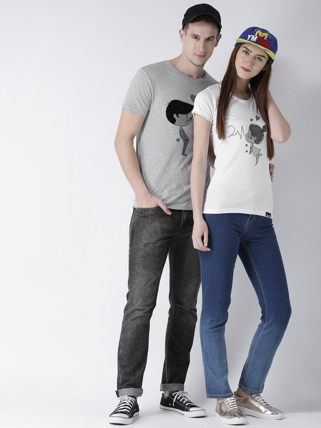 Pulse Printed Grey(Men) White(Women) Color Printed Couple Tshirts - Young Trendz