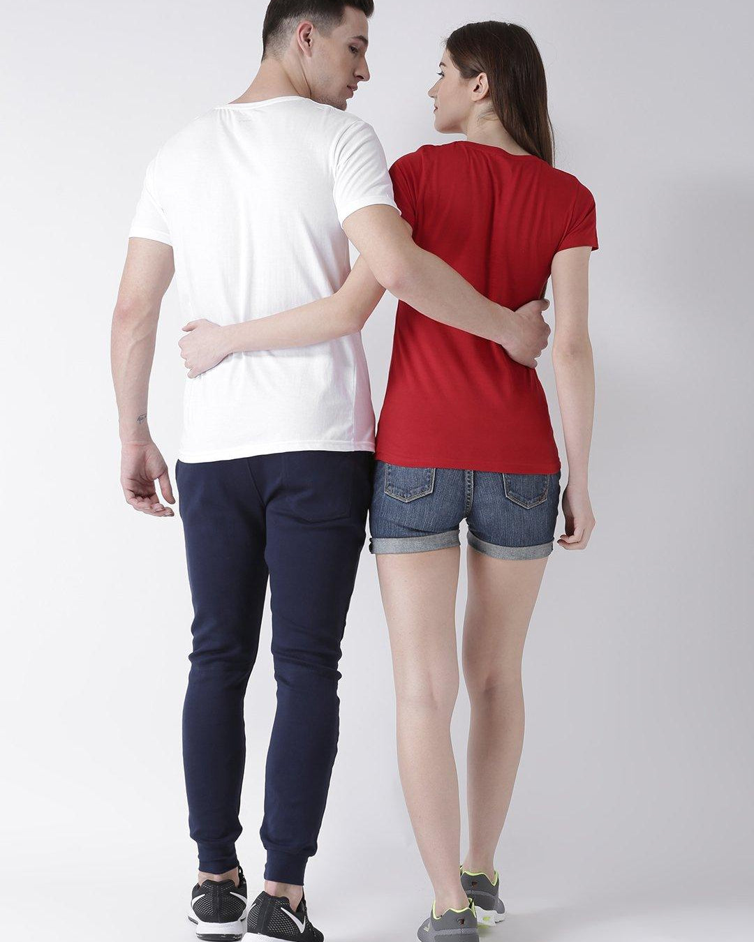 DUO-Half Sleeve White(Men) Red(Women) Color Plain Couple Tshirts - Young Trendz