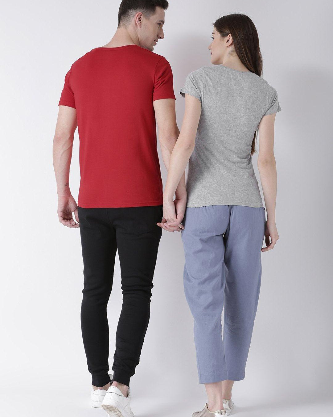 DUO-Half Sleeve Red(Men) Grey(Women) Color Plain Couple Tshirts - Young Trendz