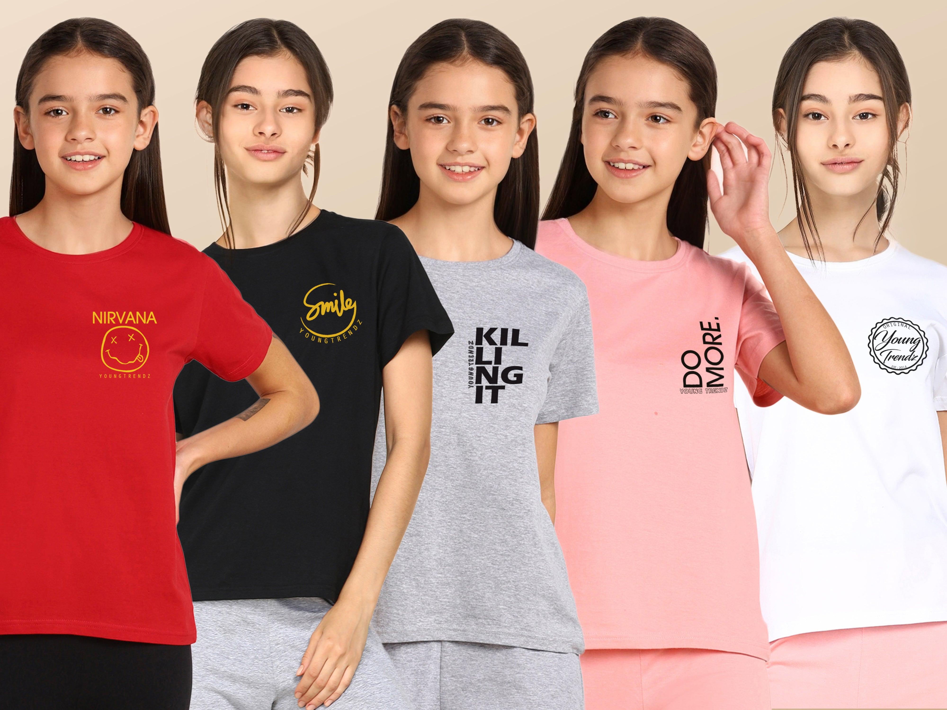 Young Trendz Girls Regular Fit Combo Printed Tshirt (Pack of 5) - Young Trendz