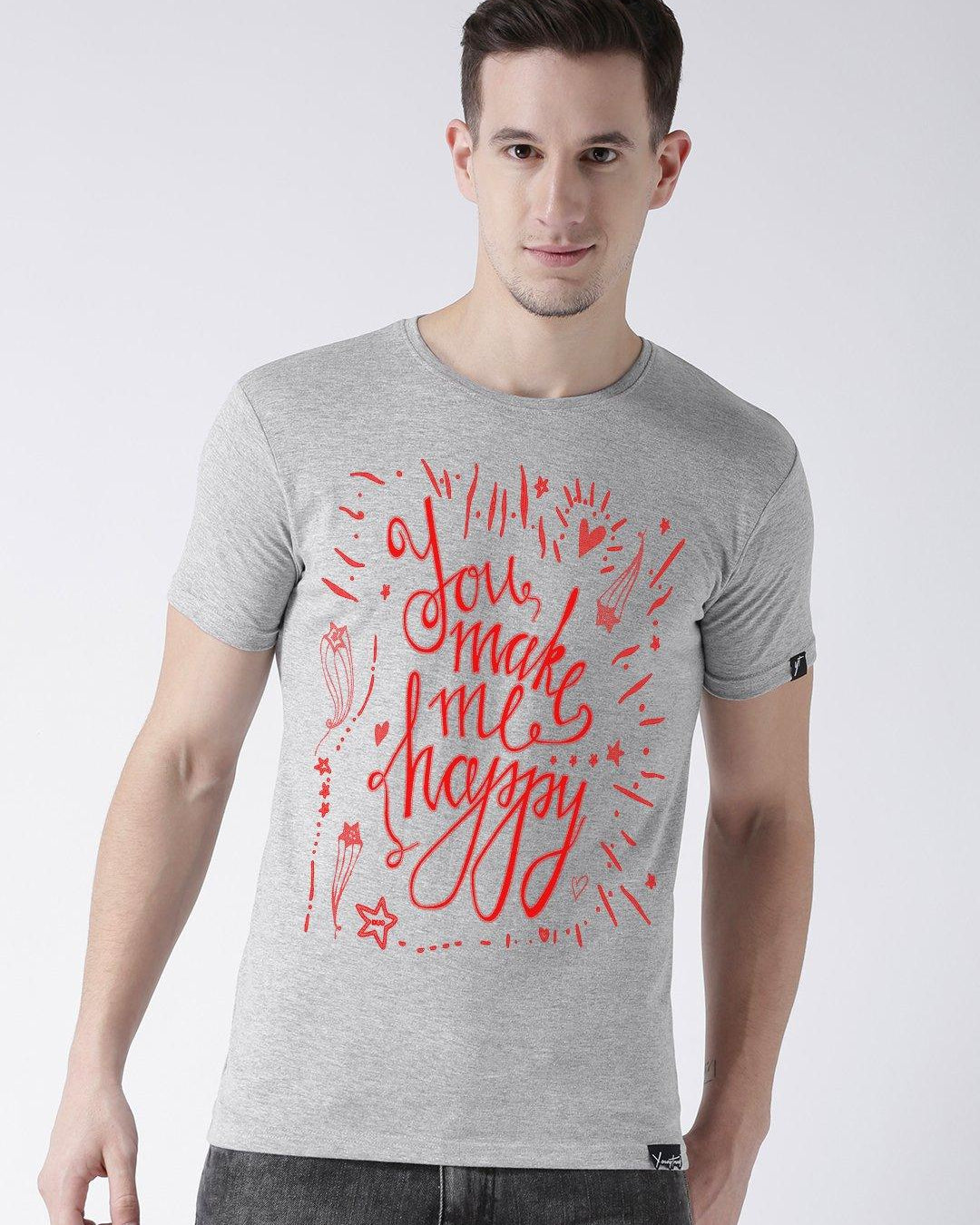 DUO-Happy Printed Half Sleeve Grey(Men) White(Women) Color Couple Tshirts - Young Trendz