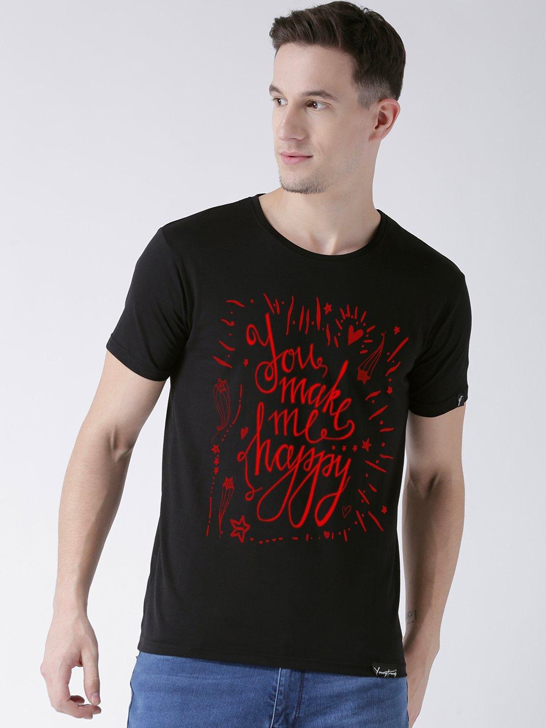 DUO-Happy Printed Half Sleeve Black(Men) White(Women) Color Printed Tshirts - Young Trendz