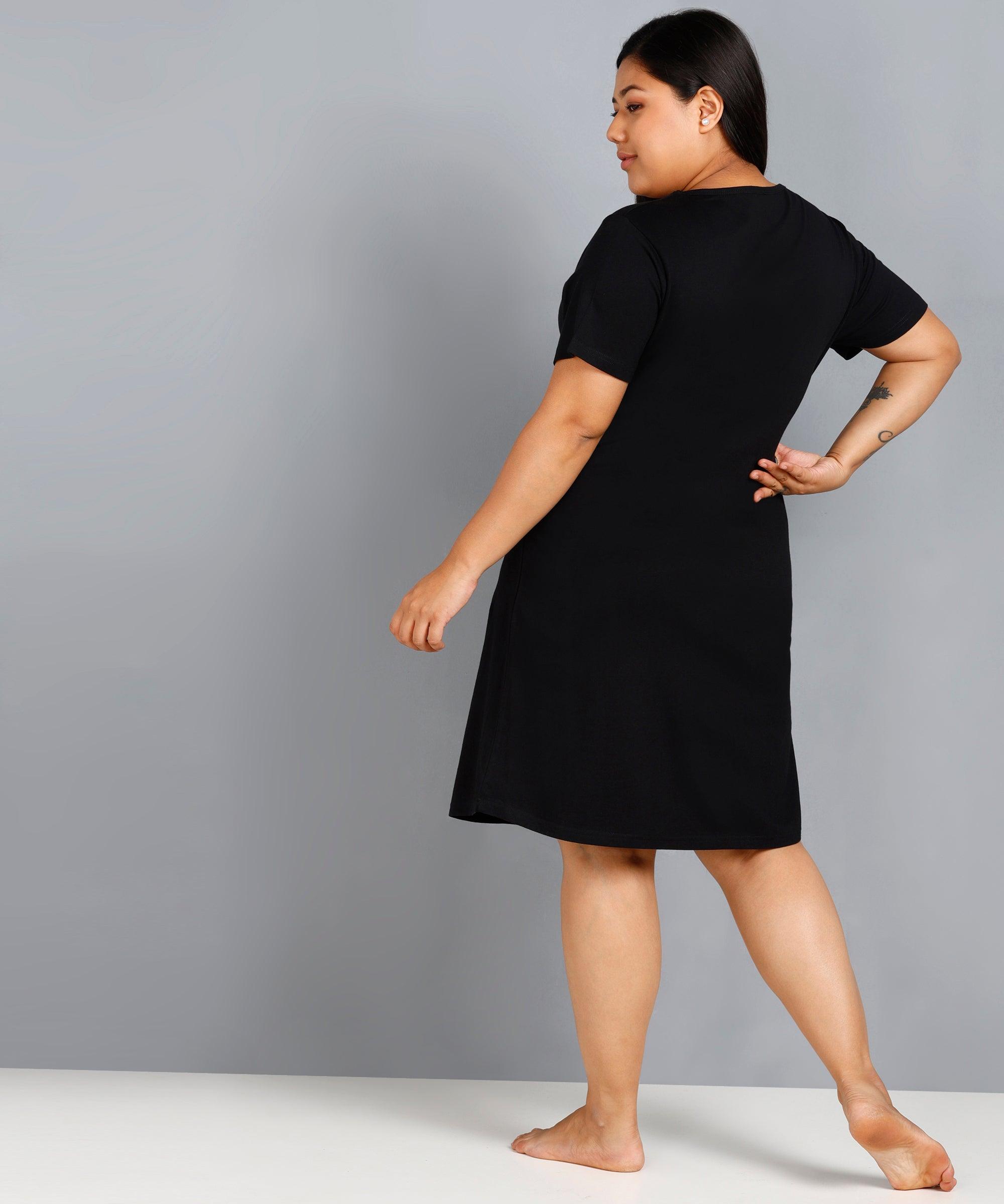 Womens Plus Size Printed Nighty (Black) - Young Trendz