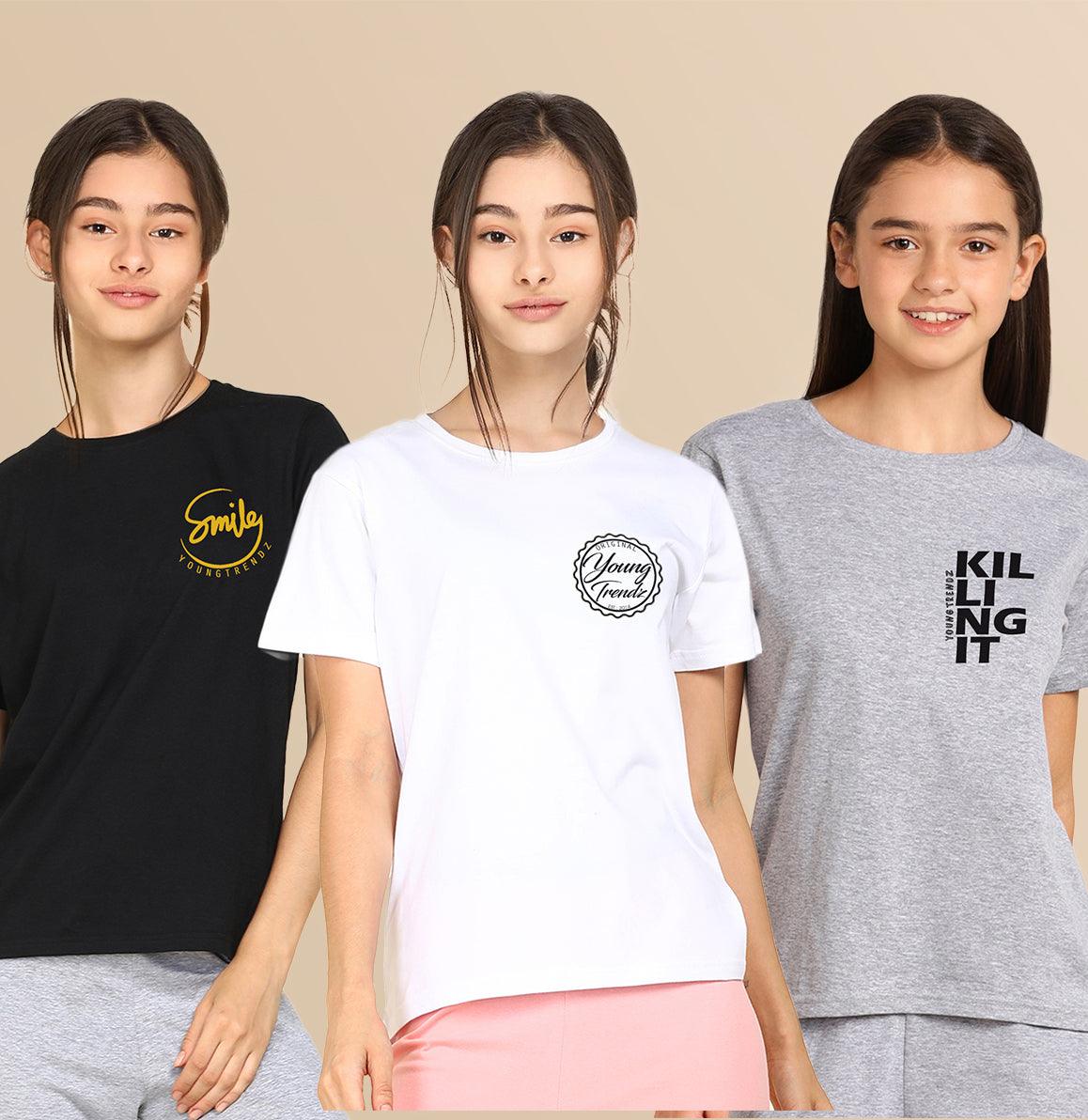 Young Trendz Girls Regular Fit Combo Printed Tshirt (Pack of 3) - Young Trendz