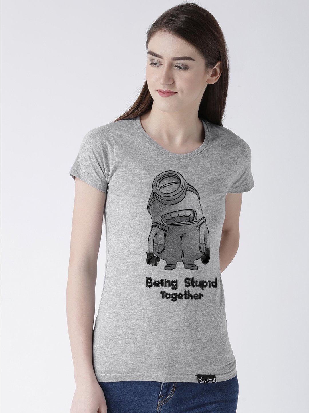 Minions Printed Grey Color Couple Tshirts - Young Trendz