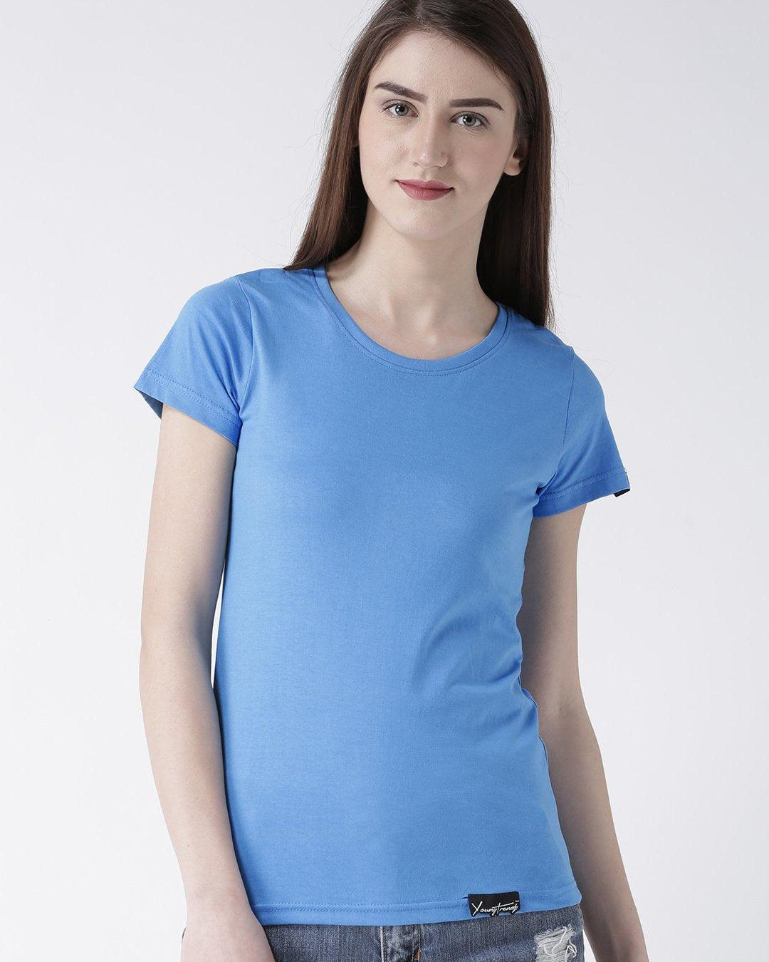 DUO-Half Sleeve Skyblue Color Plain Couple Tshirts - Young Trendz