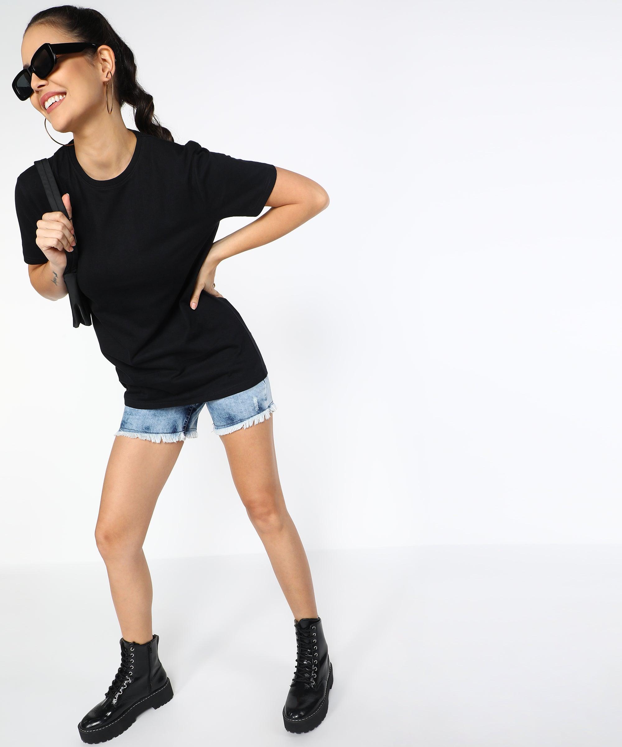 Solid Womens Oversize Tshirt Solid Men Round Neck Black T-Shirt - Young Trendz