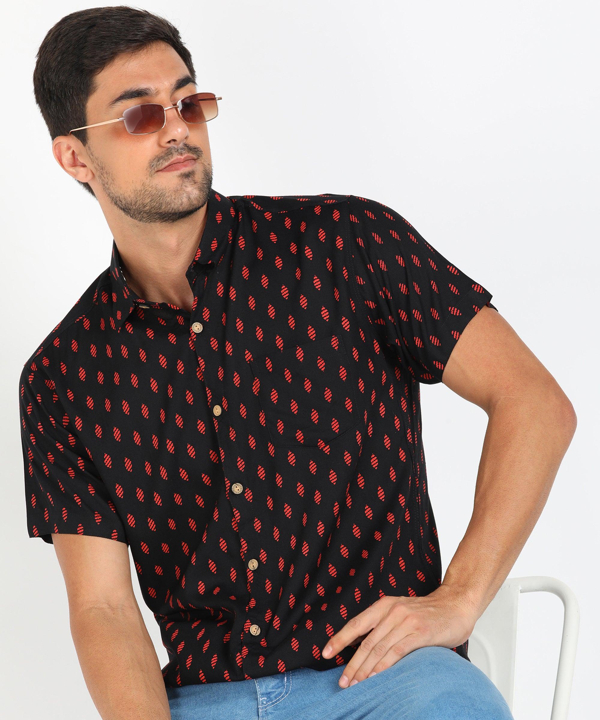 Mens Half Sleeve Casual Printed Shirt (Black) - Young Trendz
