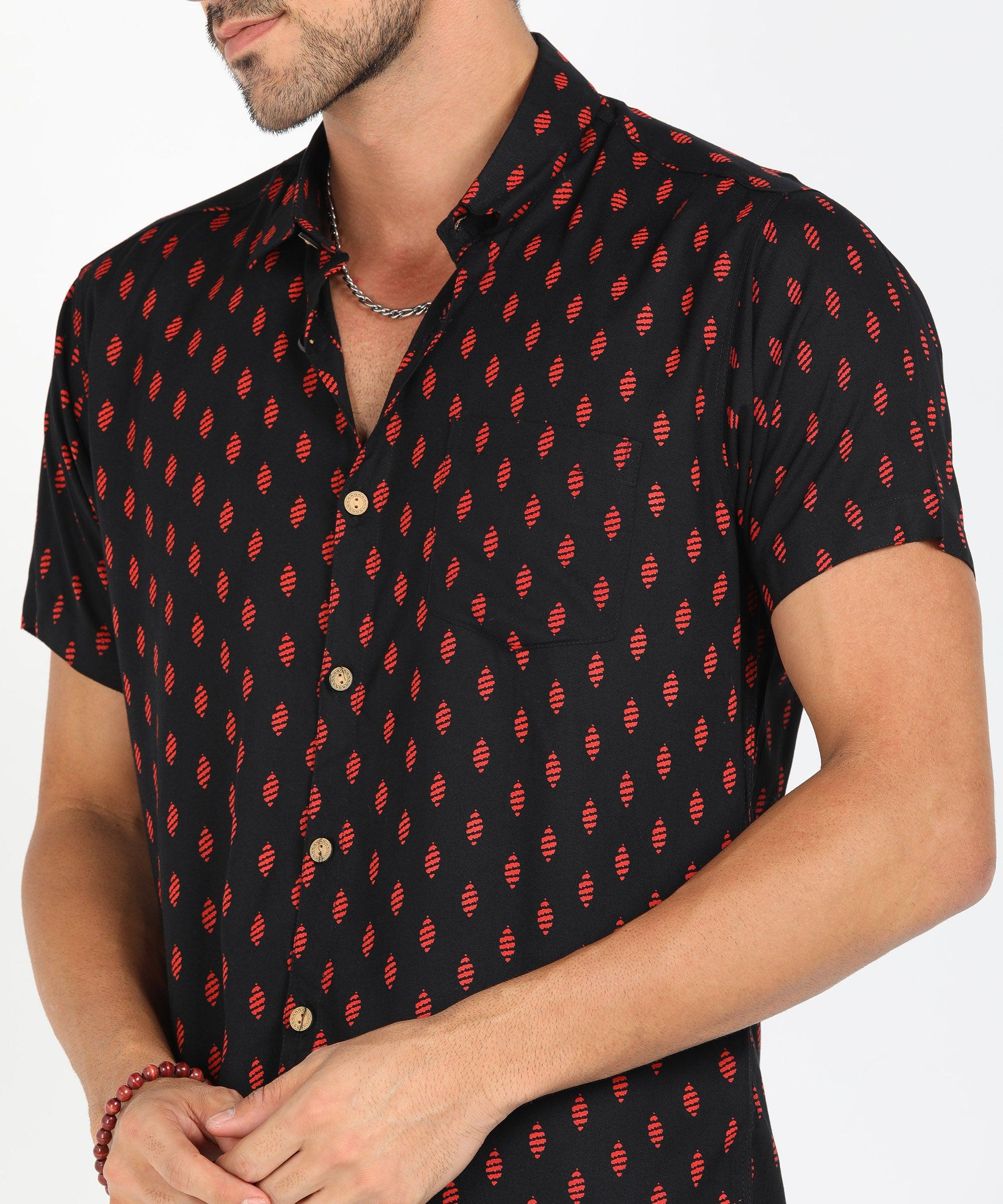 Mens Half Sleeve Casual Printed Shirt (Black) - Young Trendz