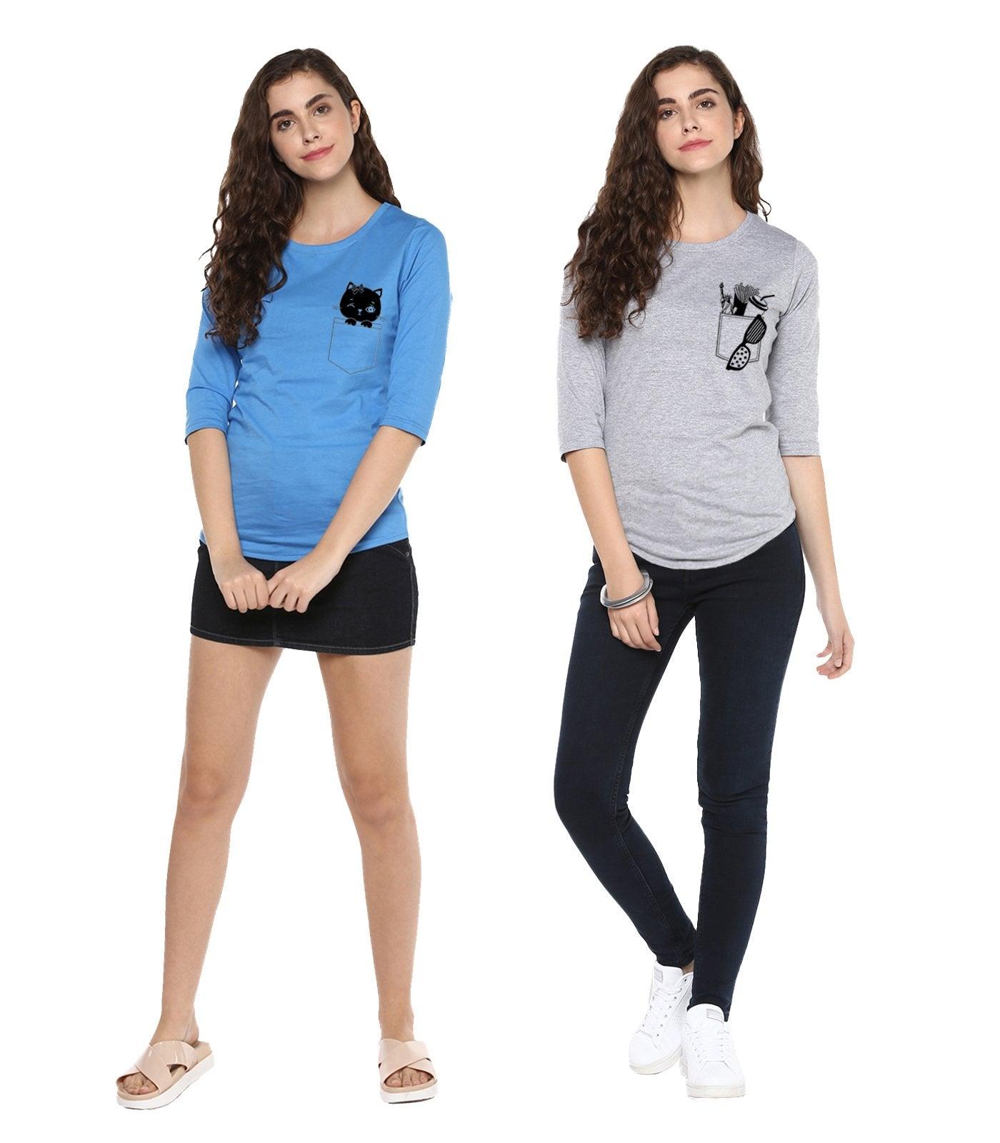 Young Trendz Womens Combo 3/4th Sleeve Cat Printed Sky Blue Color and Frenchfry Printed Grey Color Tshirts - Young Trendz